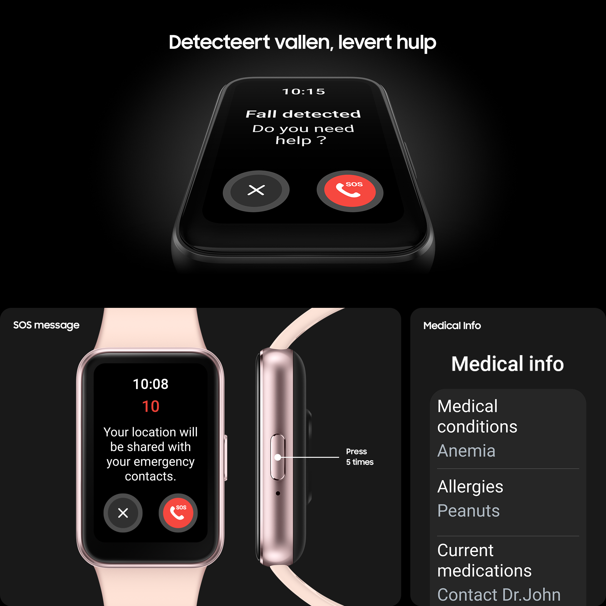 Een smartwatch-scherm met een bericht voor valdetectie en medische info.