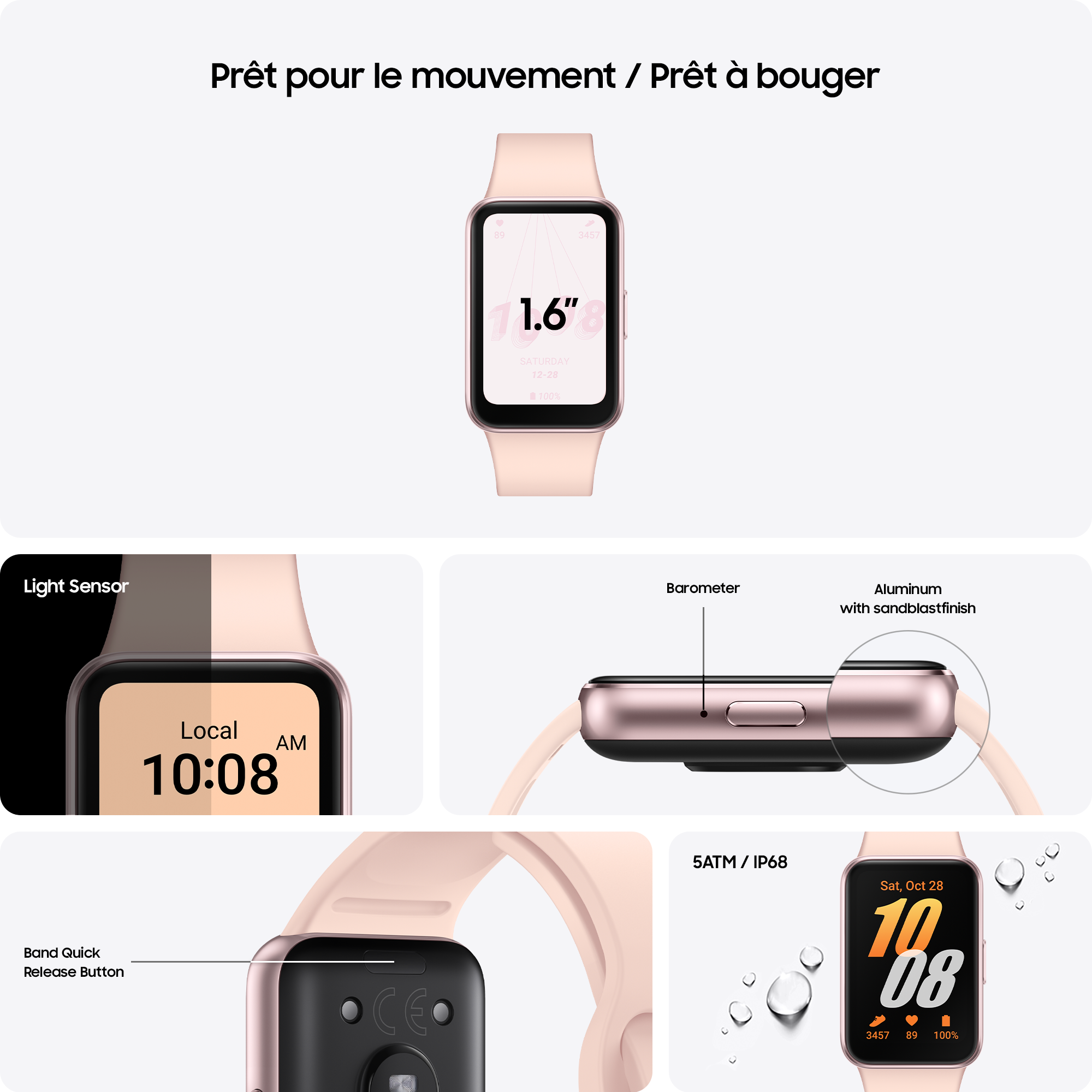 Une montre intelligente rose avec un écran affichant l'heure et la date, entre autres détails.