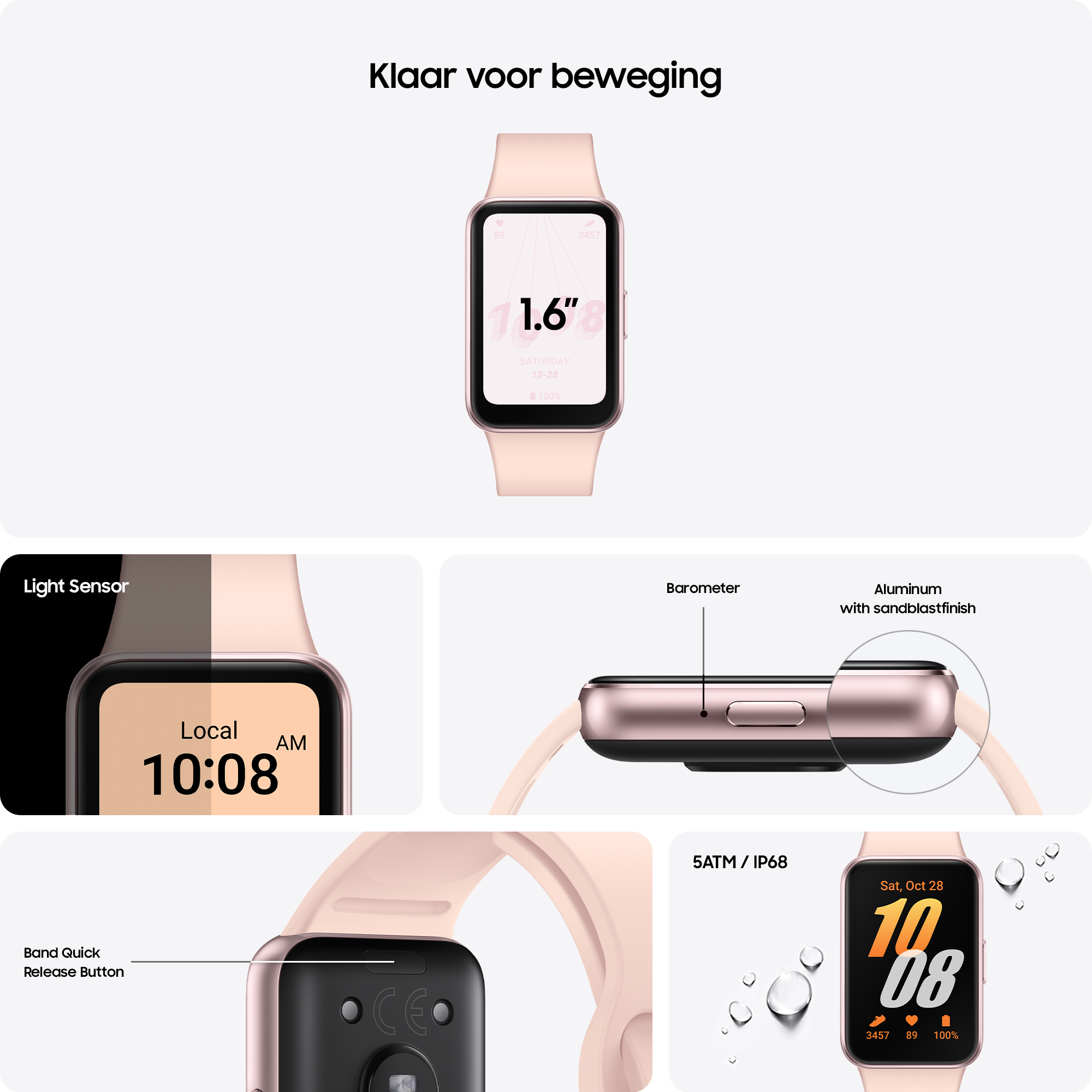 Een smartwatch met een roze band, die de tijd, datum en andere functies weergeeft. Diverse details worden getoond.