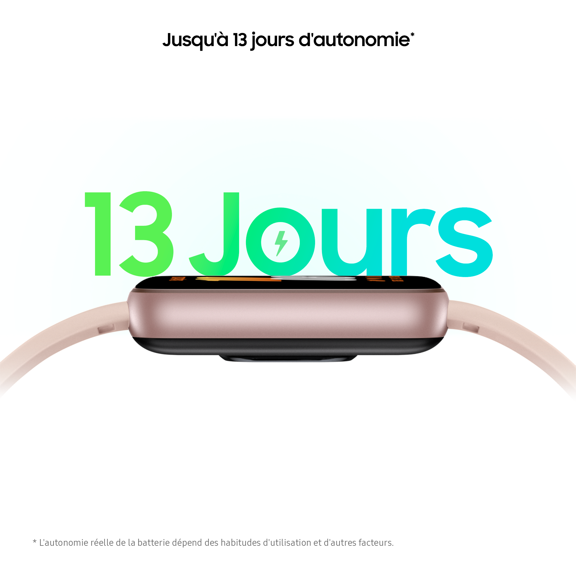 Une smartwatch avec bracelet rose et écran affichant '13 Jours' et un symbole de batterie.