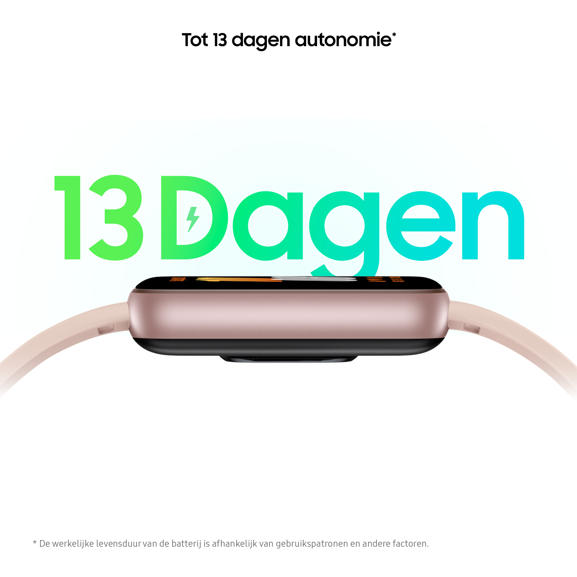 Een smartwatch met een roze band, met tekst die 13 dagen batterijduur aangeeft.
