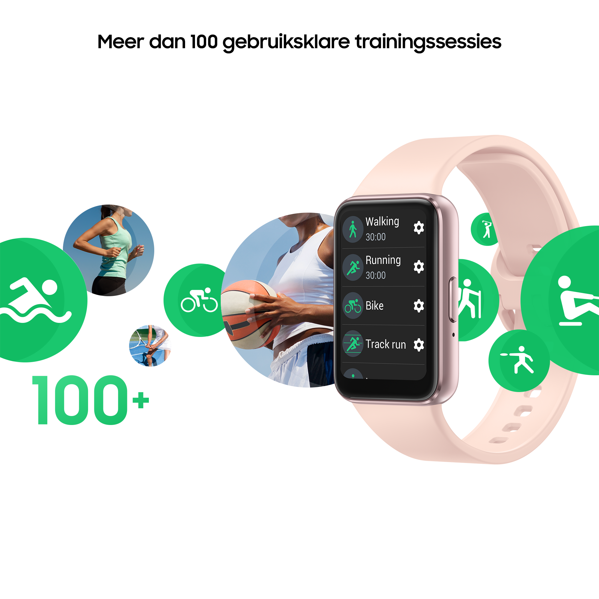 Smartwatch met roze band, afbeeldingen van trainingsmodi en tekst.