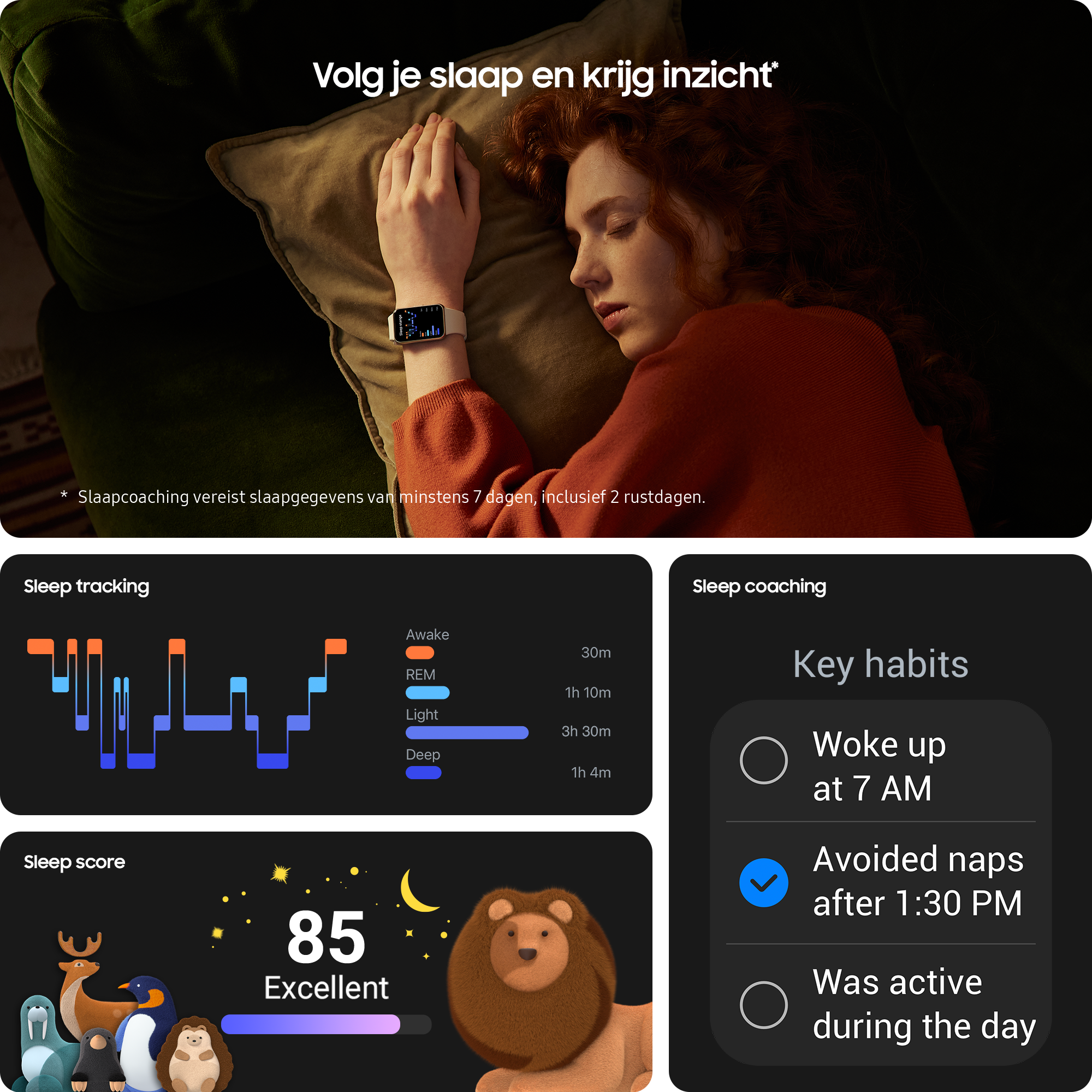 Afbeelding toont slaaptrackinggegevens en belangrijke gewoonten met een slapende vrouw.