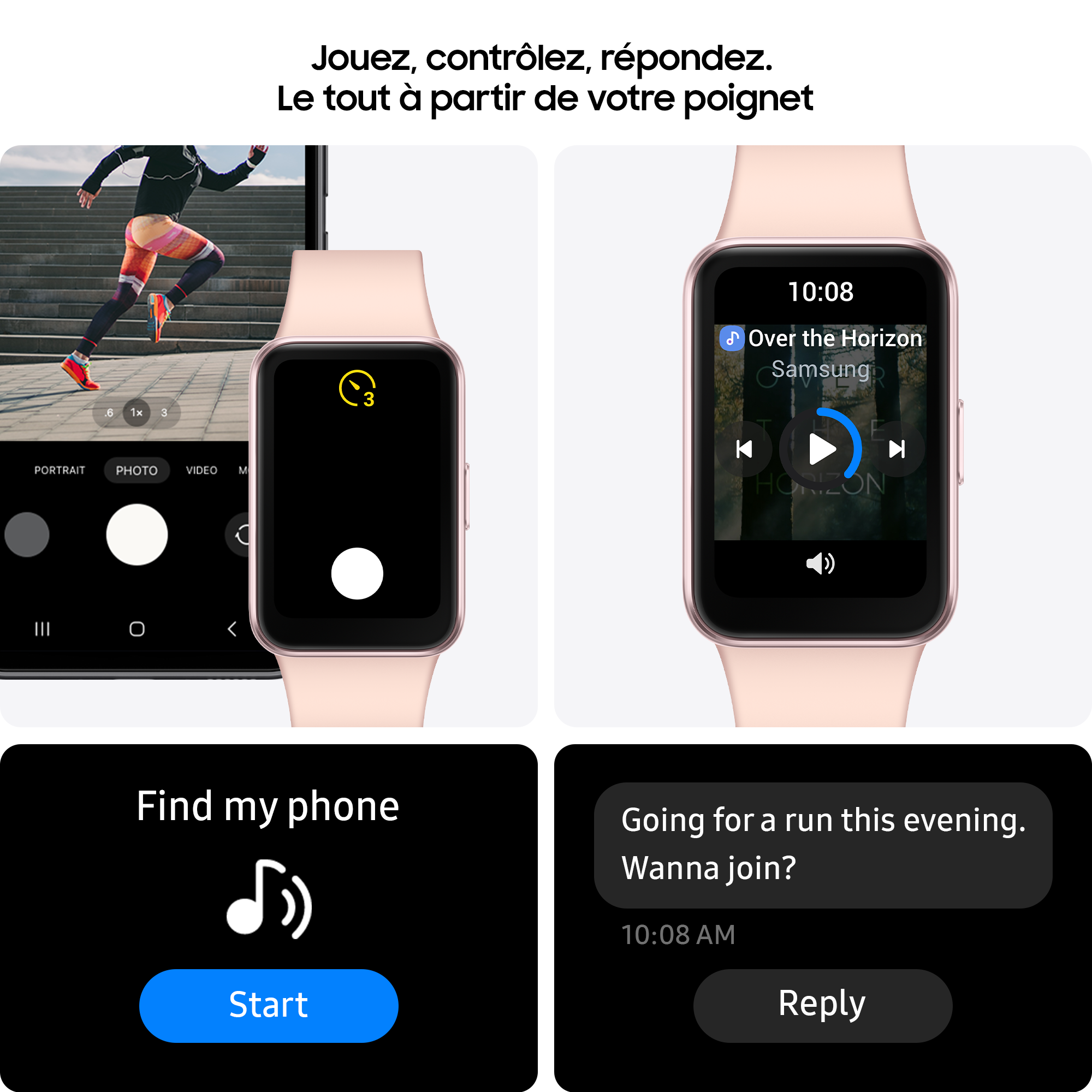 Une montre intelligente affichant une interface de caméra, des commandes musicales et un message texte.