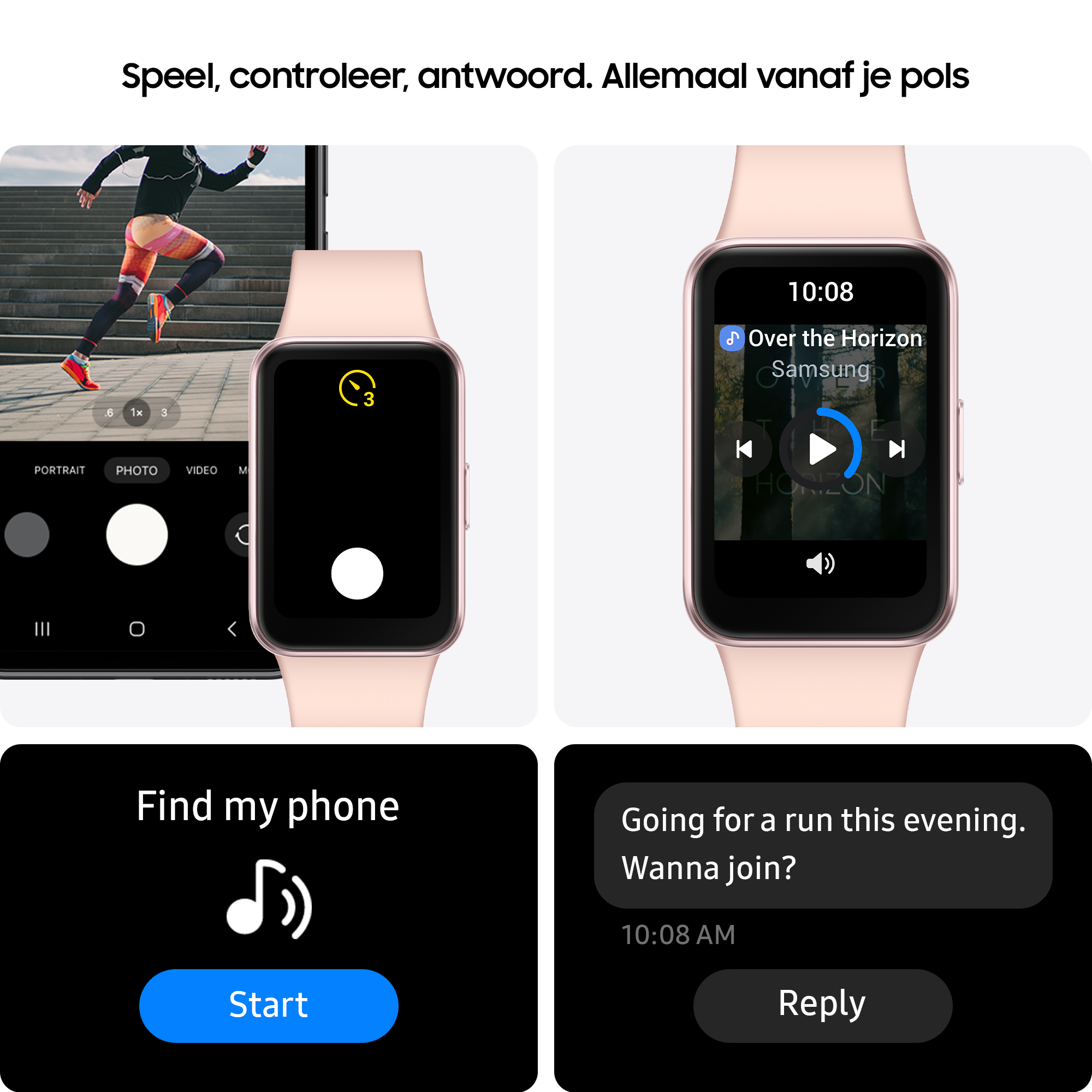 Smartwatch met telefoon- en muziekbediening, samen met een sms-interface.