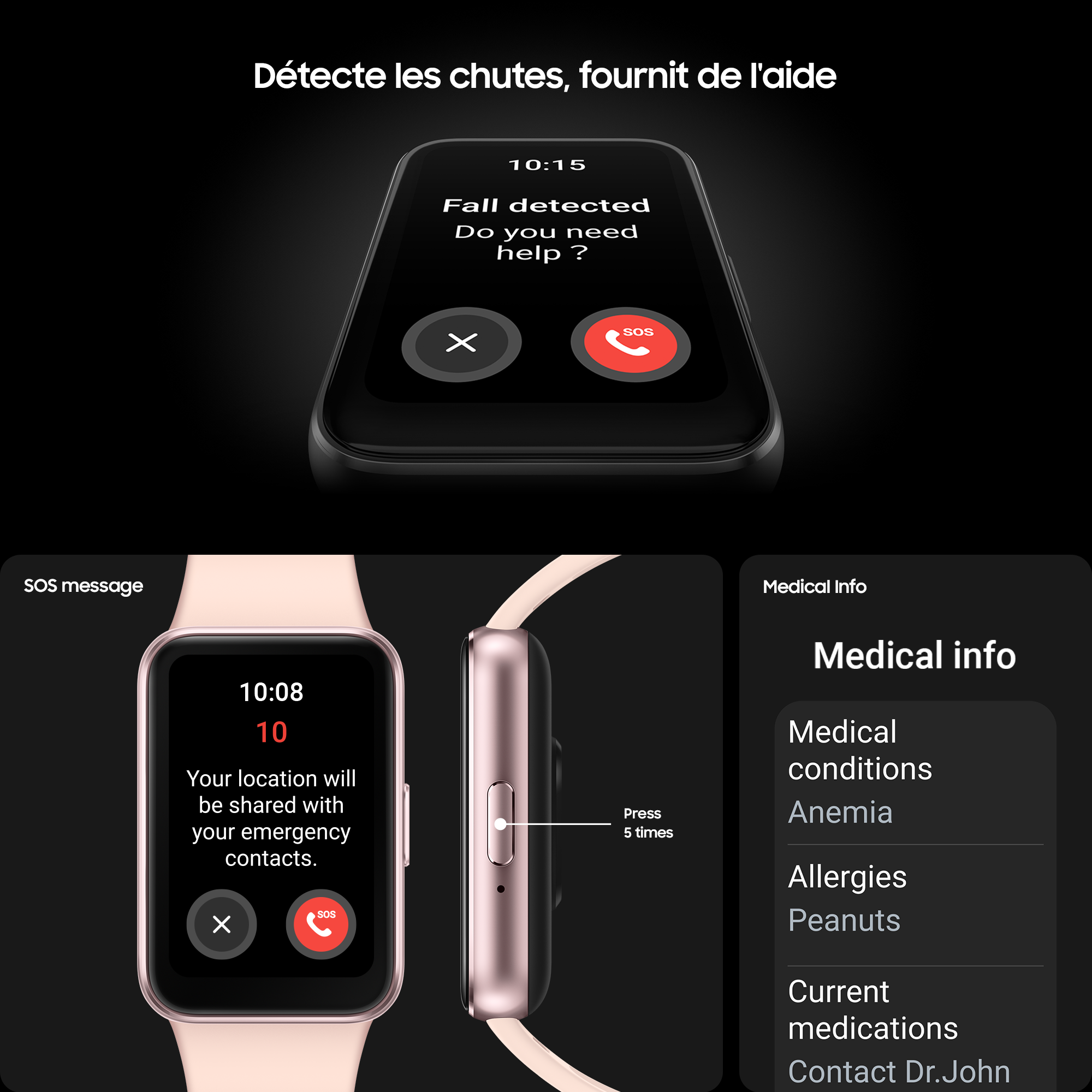 Interface de montre connectée affichant une alerte de détection de chute, options SOS et infos médicales.