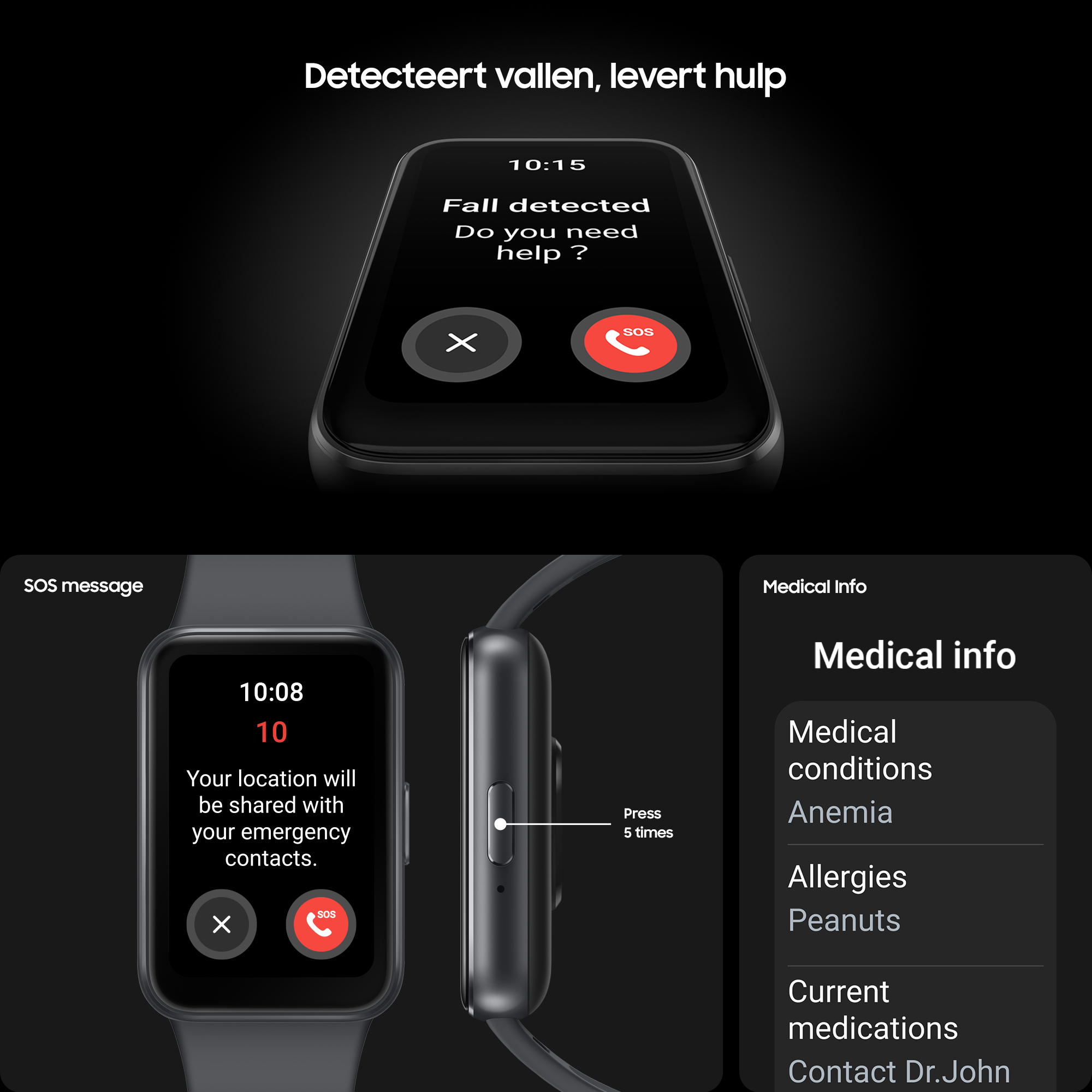 Smartwatch showing fall detection interface and medical info.