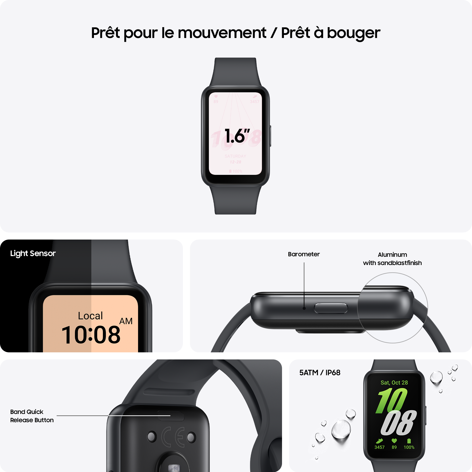 Montre connectée avec bracelet noir, affichant l'heure et la date.
