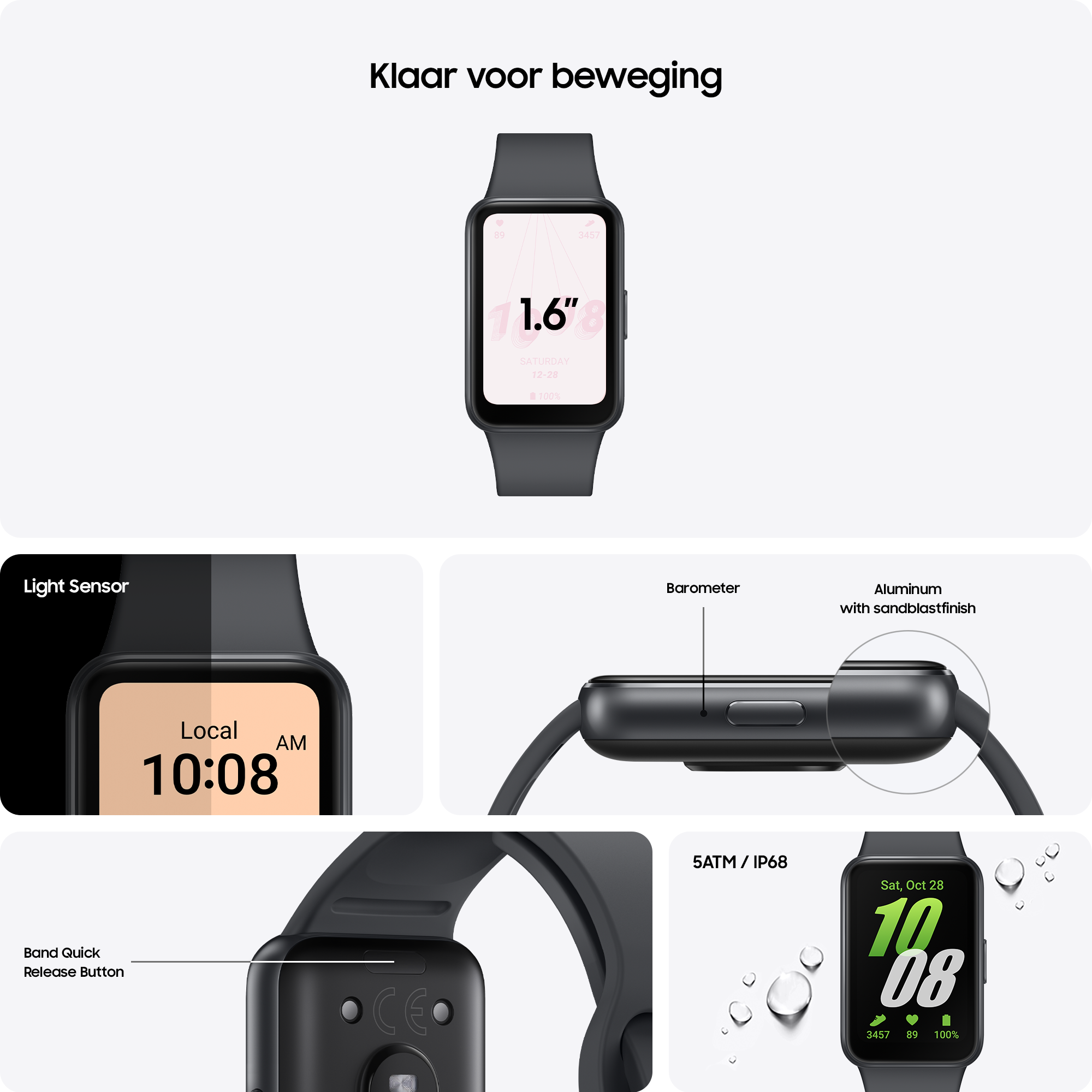 A black smartwatch with a screen showing the time and details of the watch parts.