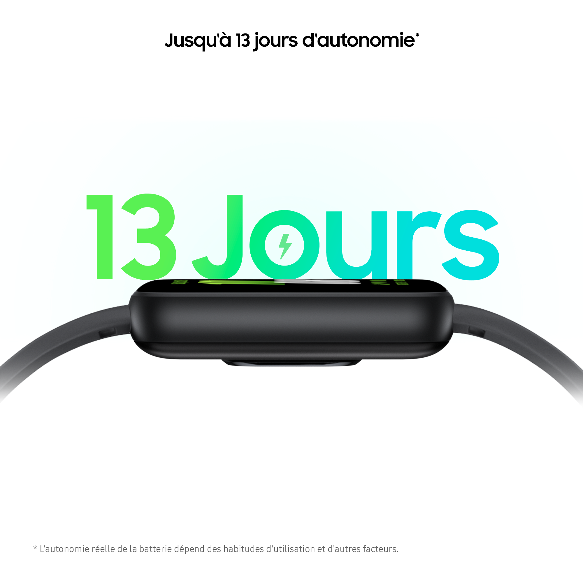 Un tracker de fitness noir avec le texte "13 Jours" en vert et bleu. Le texte est au-dessus d'un bracelet.