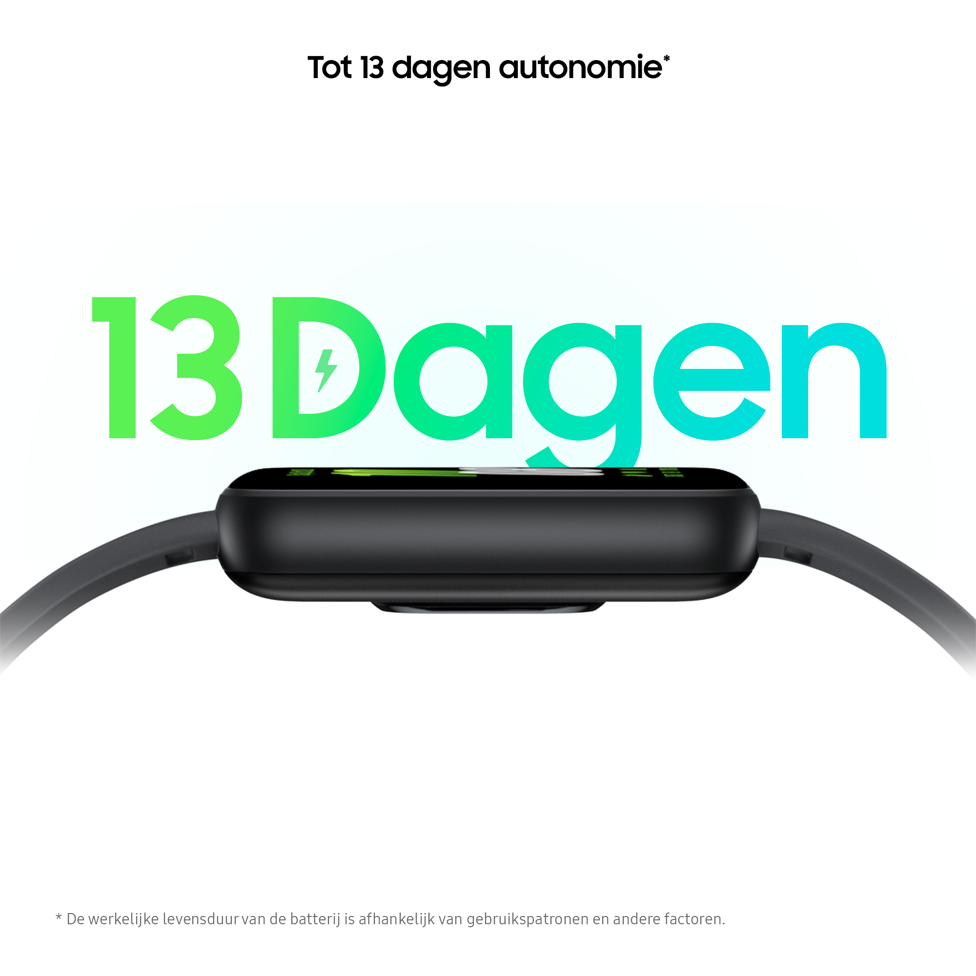 Black smartwatch with a screen displaying '13 Dagen' and a green lightning bolt.