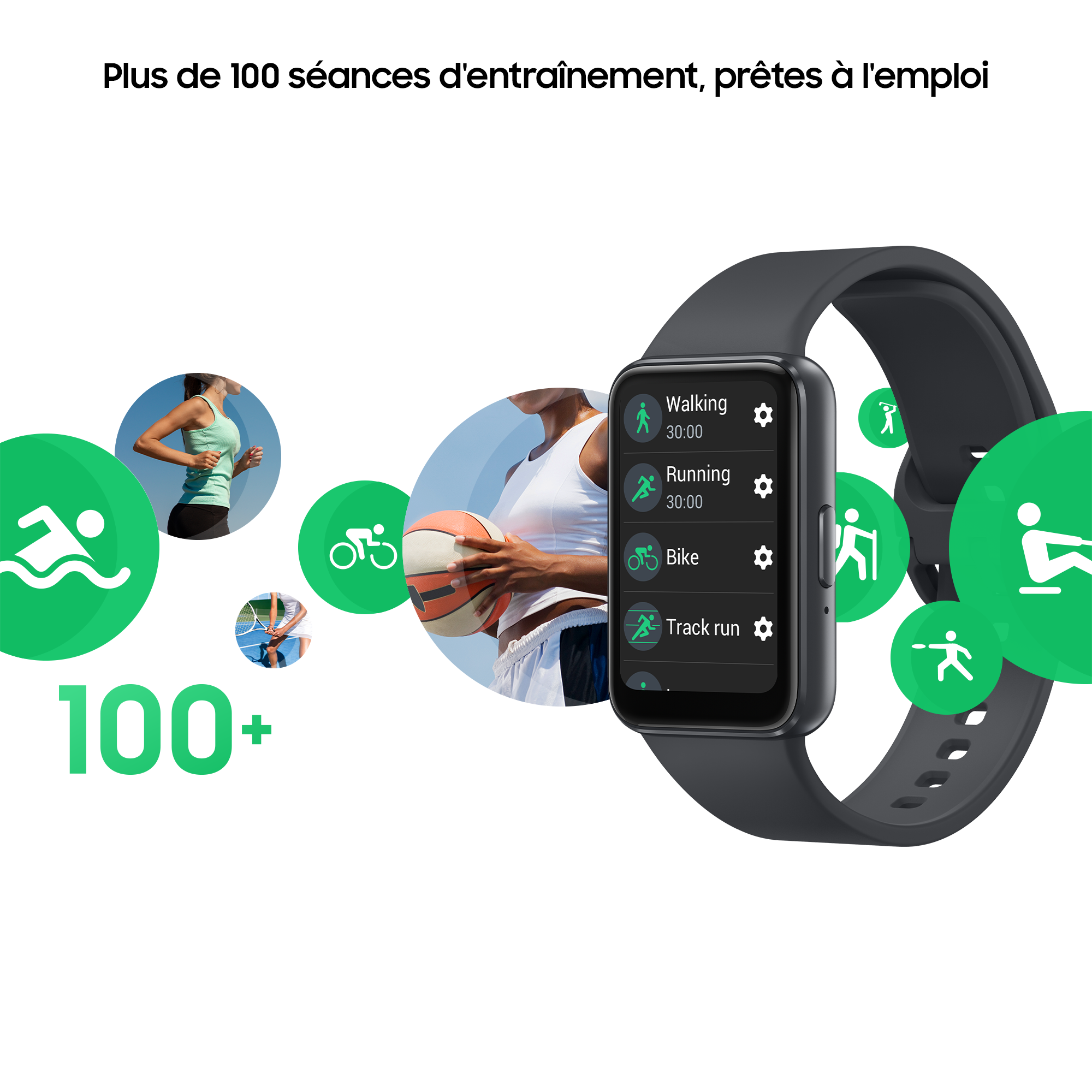 Une personne portant une montre intelligente avec divers icônes d'exercices et le texte '100+'.