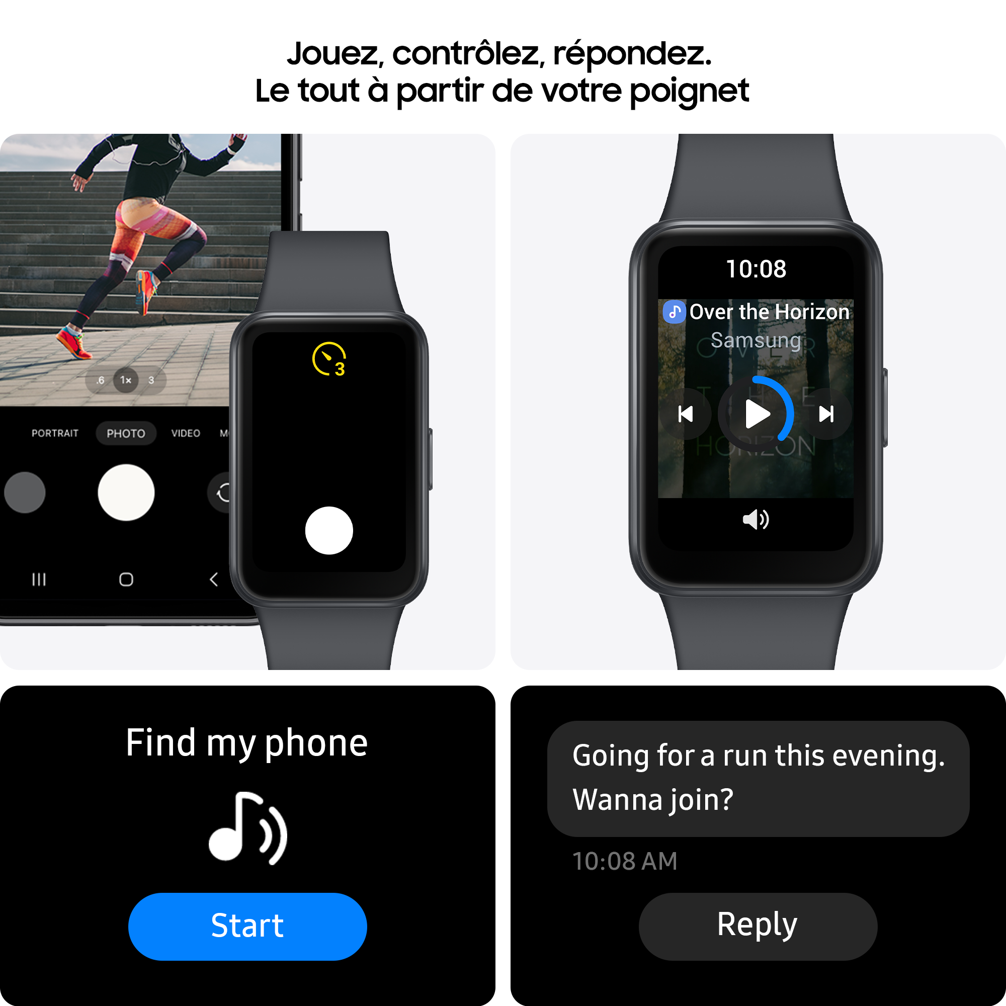 Smartwatch affichant les fonctionnalités du téléphone. Une personne court à gauche. Inclut la musique.