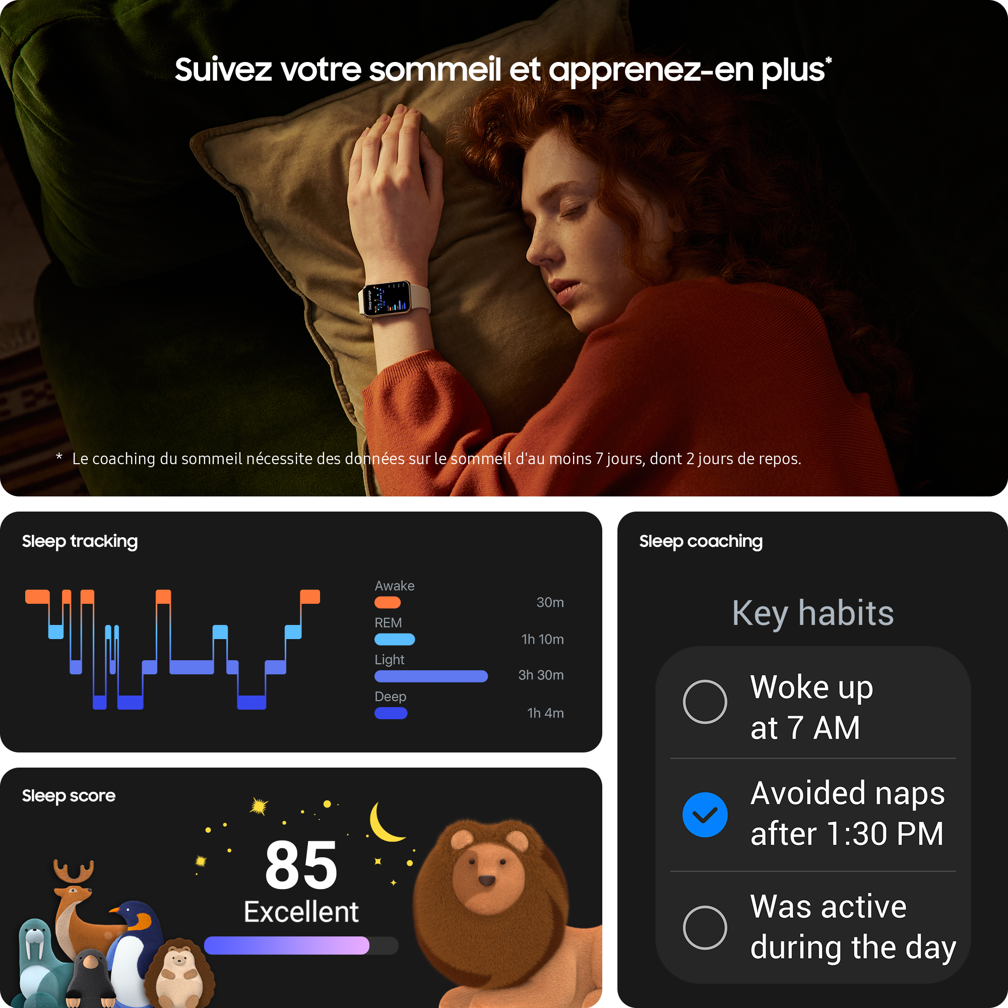 Graphics showing sleep tracking and coaching. A woman sleeps in bed. Charts and key habits are displayed.