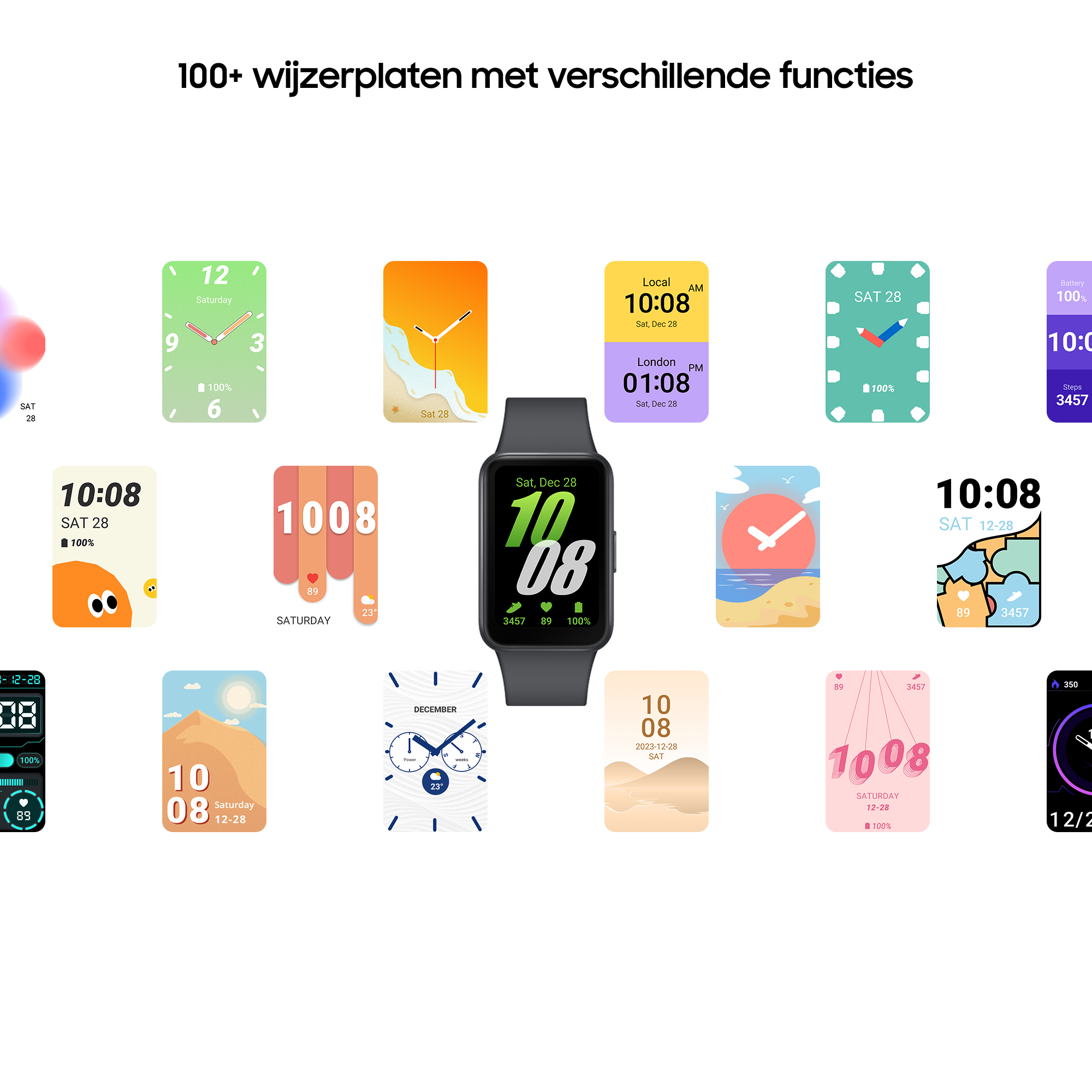 Multiple watch faces on a black Samsung watch. Various designs and information displayed on the screen.