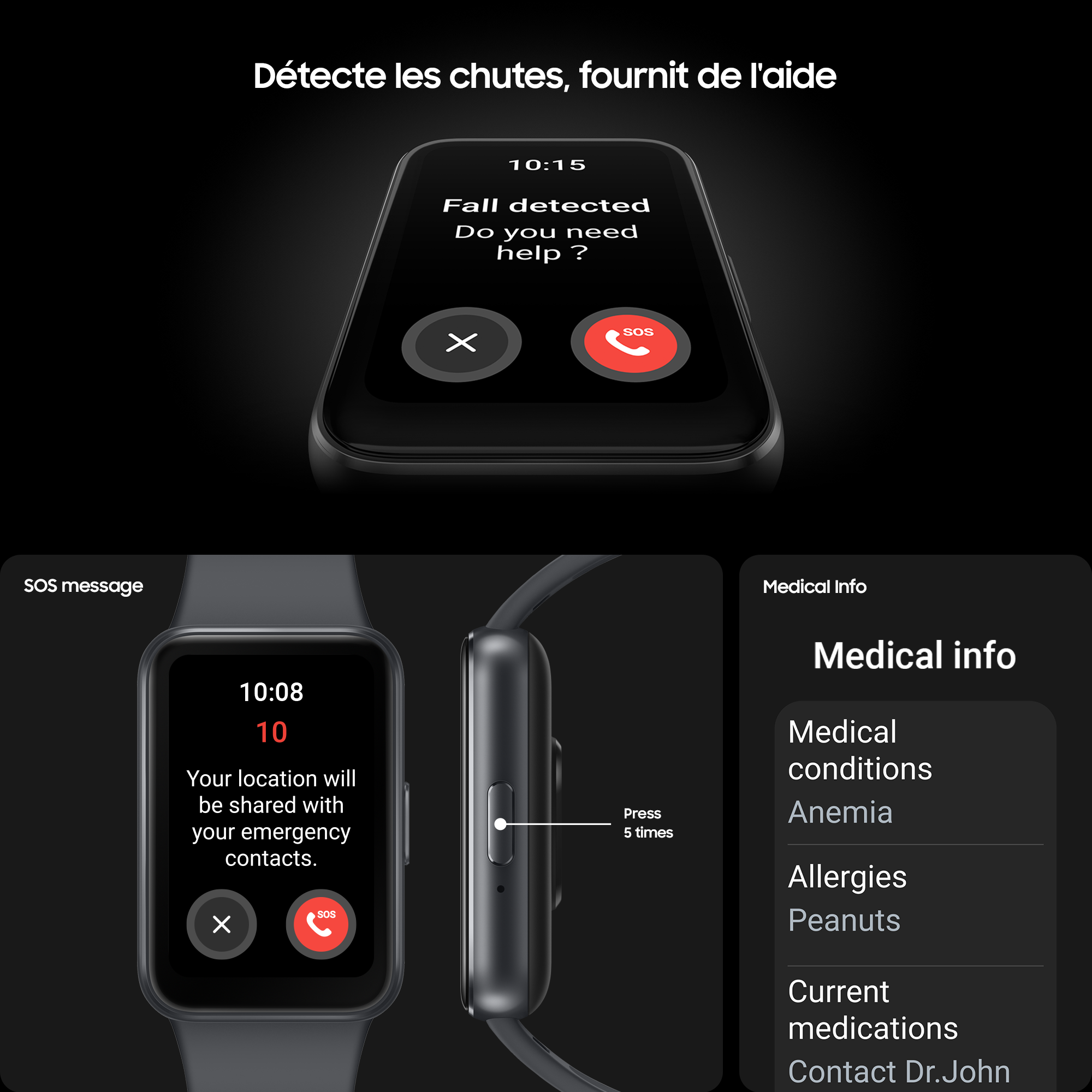 Écran de smartwatch affichant la détection de chute et les informations médicales, y compris l'anémie et les allergies.