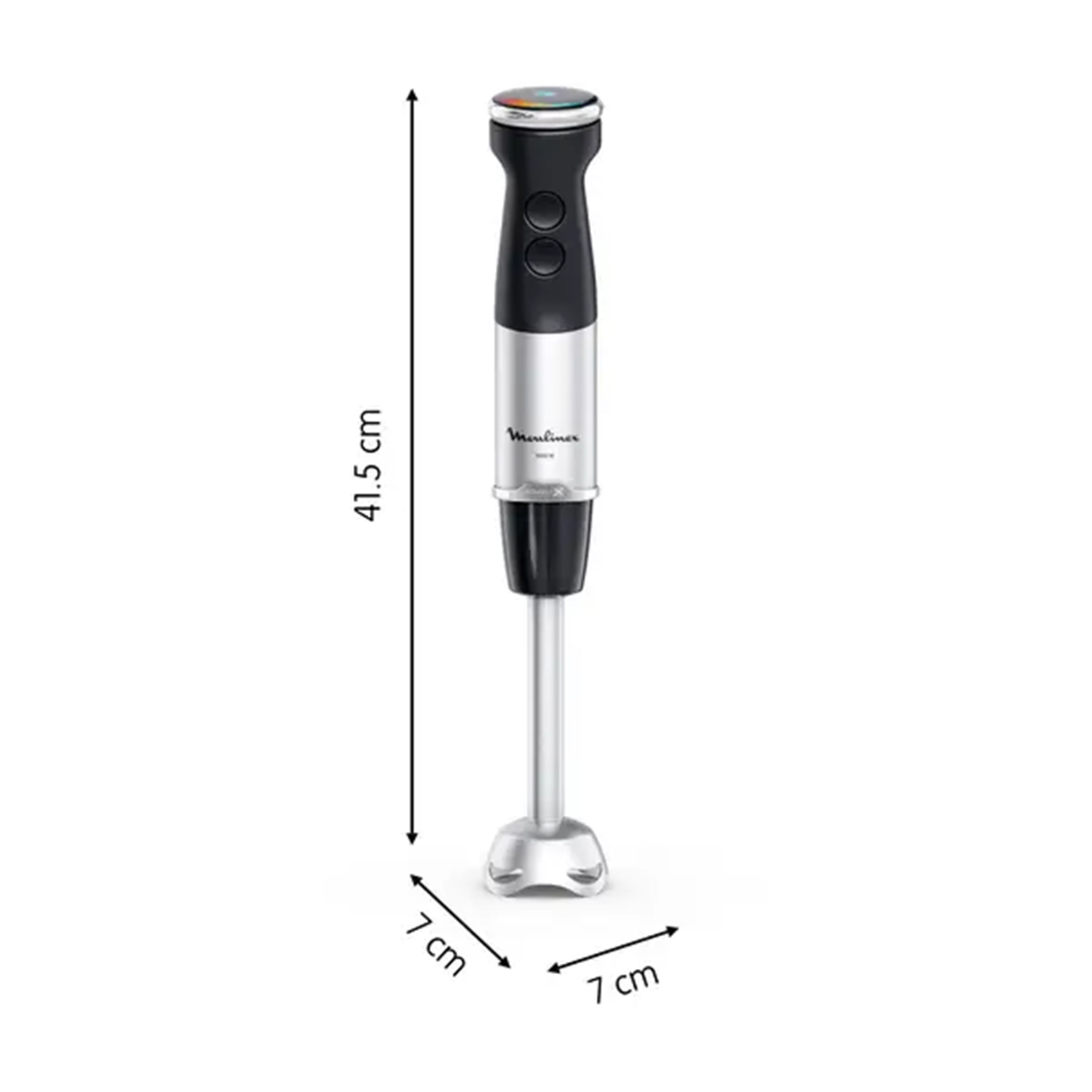 Un frullatore a immersione Moulinex, nero e argento, con misure di altezza e larghezza.