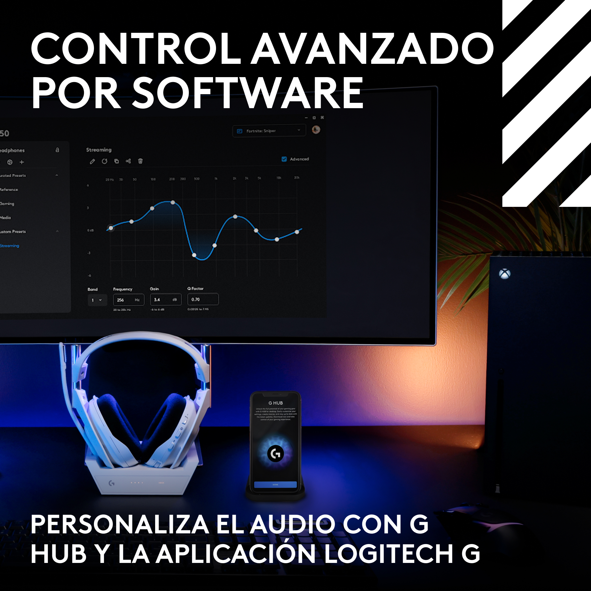 Una configuración de juego con monitor, auriculares y consola. Superposición de texto.