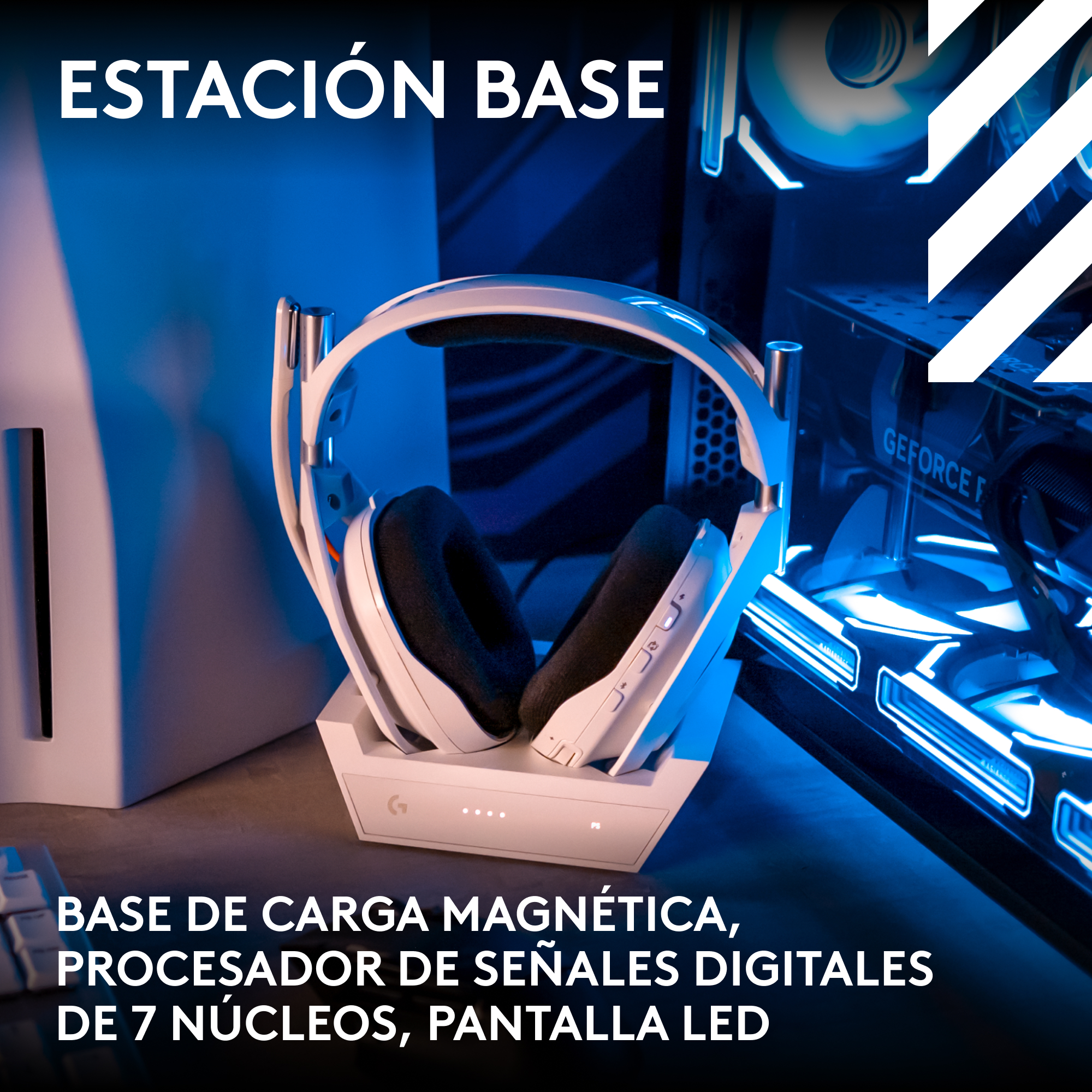 Auriculares blancos en una base de carga, con texto en español. Fondo azul y negro.