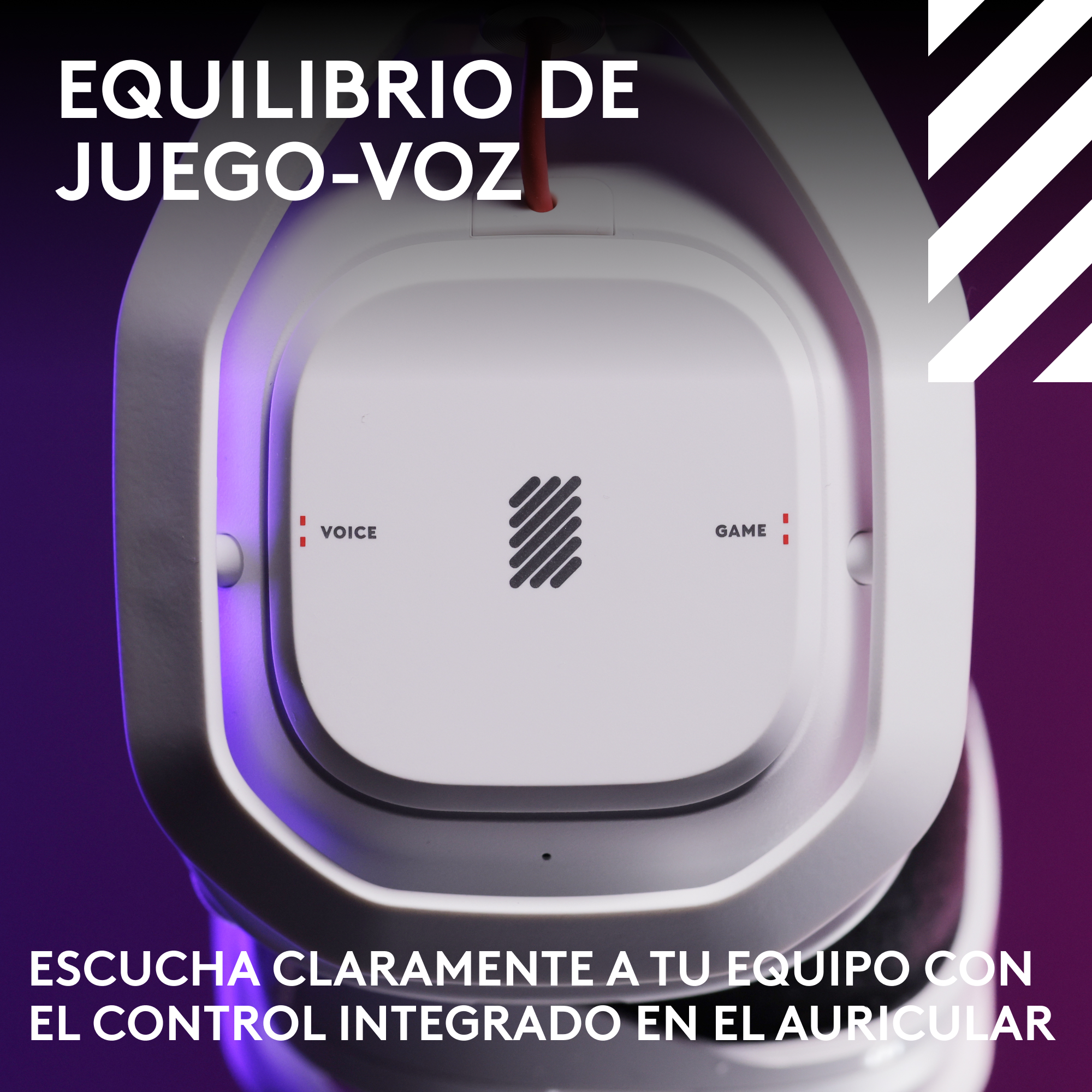 Un auricular blanco y negro con botones de control y texto en español.
