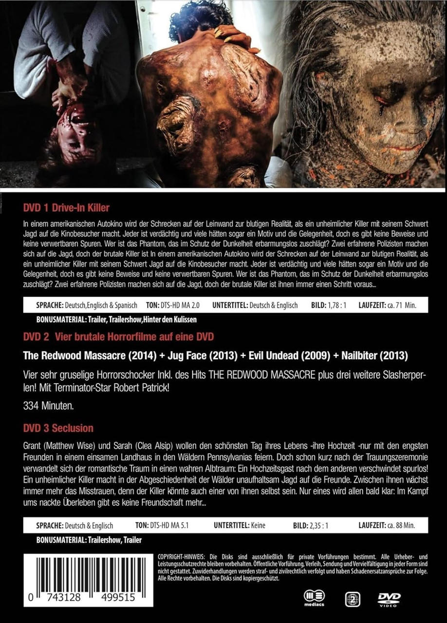 DVD-Cover mit Filmdetails. Zeigt einen Mann mit vernarbtem Rücken und Blut.