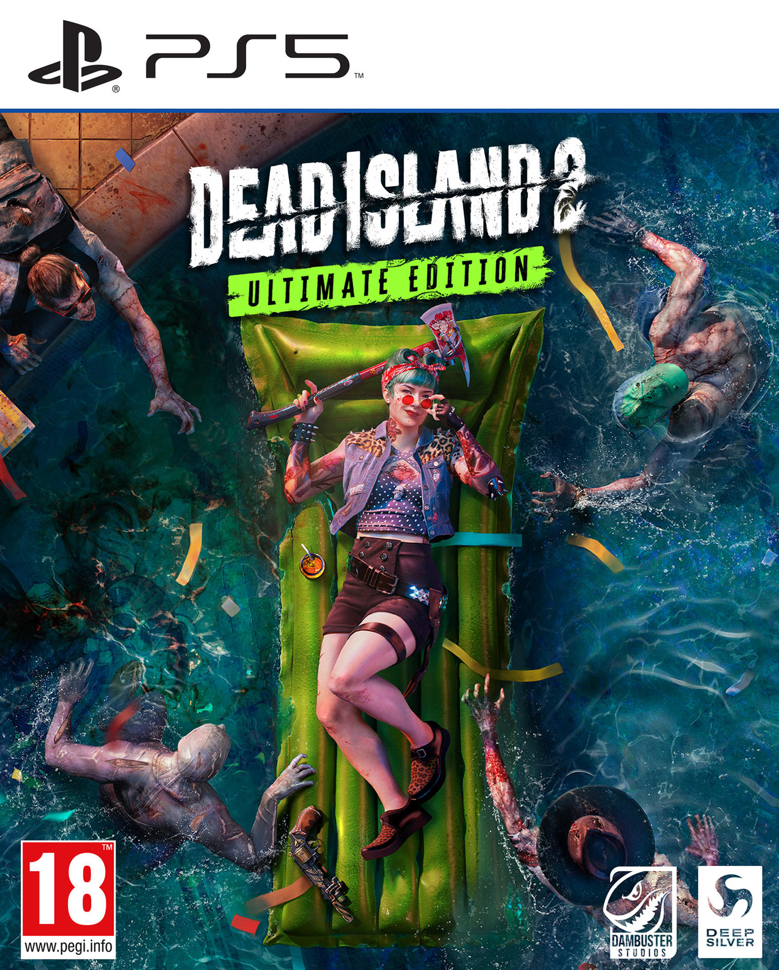 Dead Island 2-Spielcover. Eine Frau auf einem Floß im Wasser kämpft gegen Zombies. Das PS5-Logo befindet sich oben.