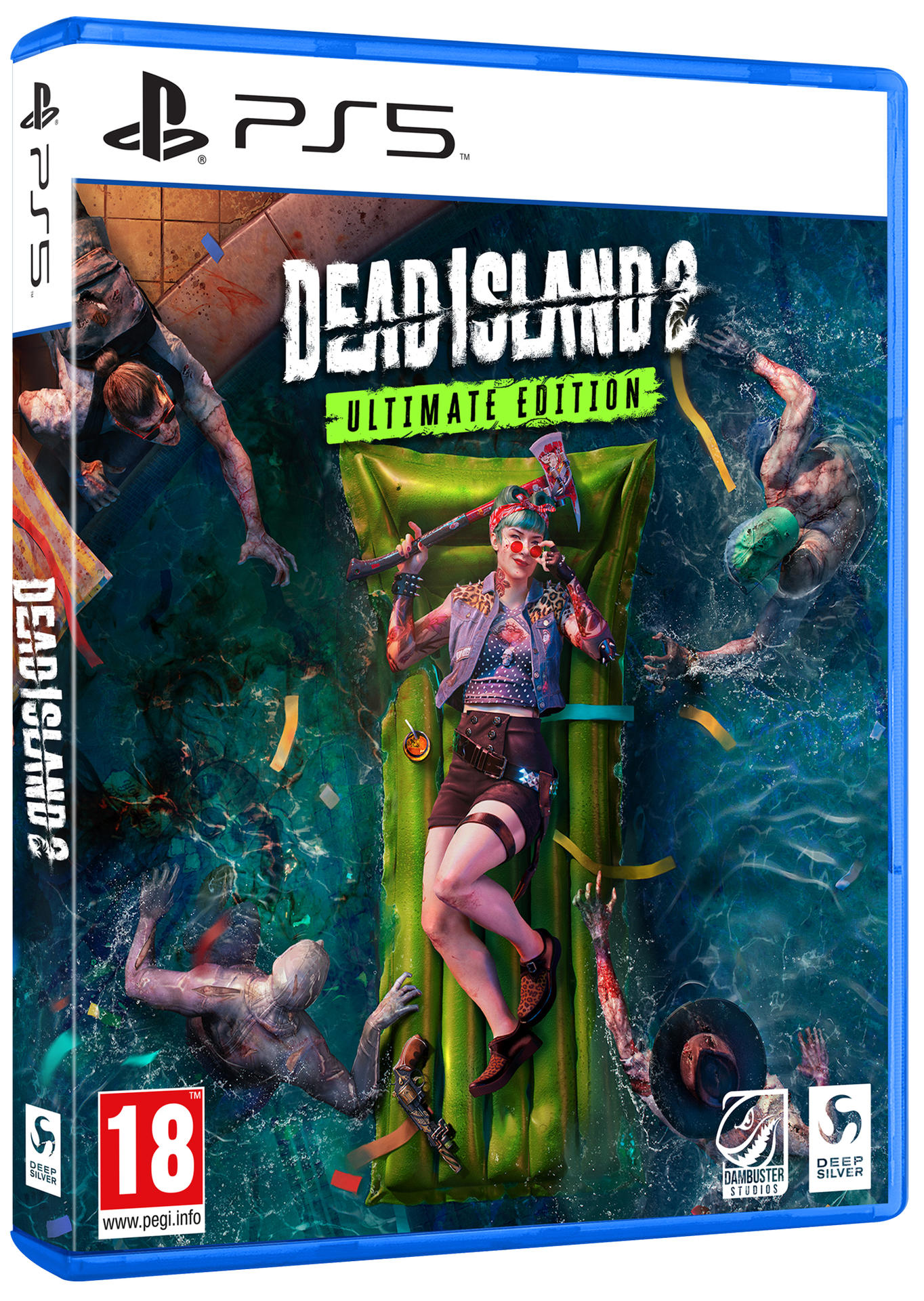 Spielbox: Dead Island 2, Ultimate Edition, mit Frau auf Floß im Wasser, umgeben von Zombies.