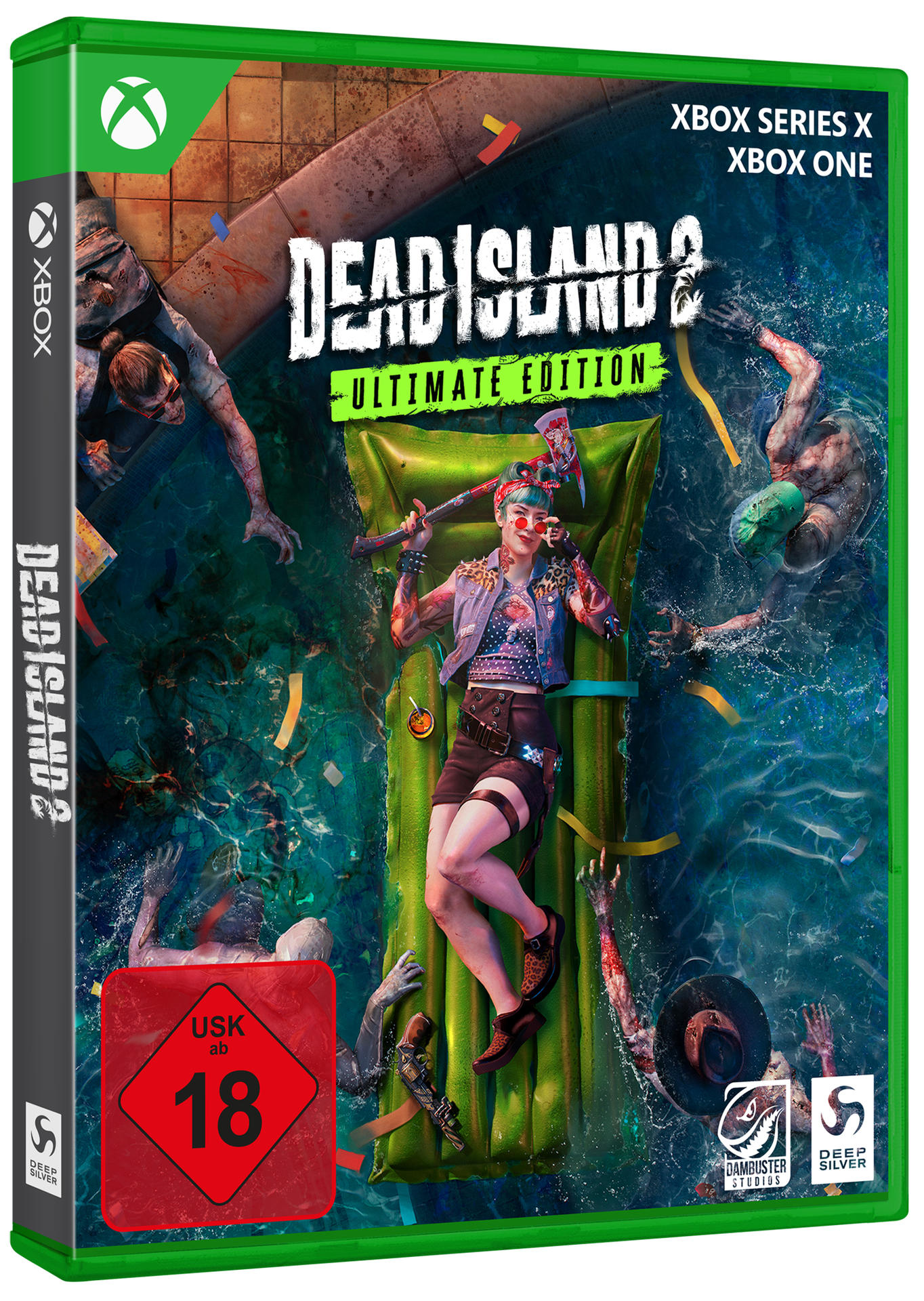 Spielbox mit Frau auf Floß im Wasser. Zombies im Wasser. Grüne Box mit Spieletitel.