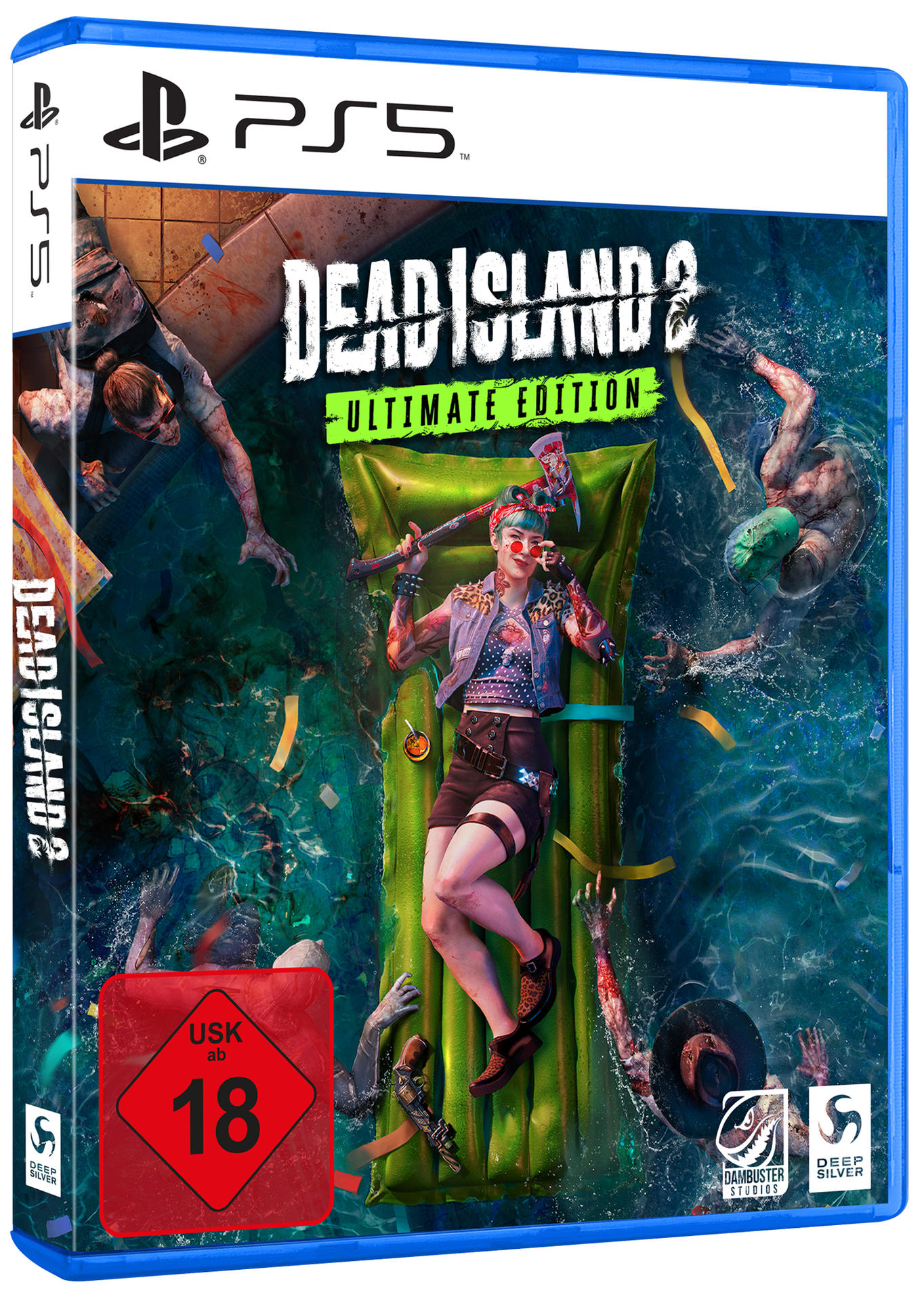 Dead Island 2 Spielbox, mit einer von Zombies gefüllten Wasserszene und einer roten USK 18-Bewertung.