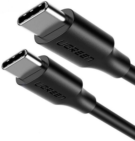 Yan yana iki siyah USB-C kablosu, kablo üzerine basılı UGREEN logosuyla.