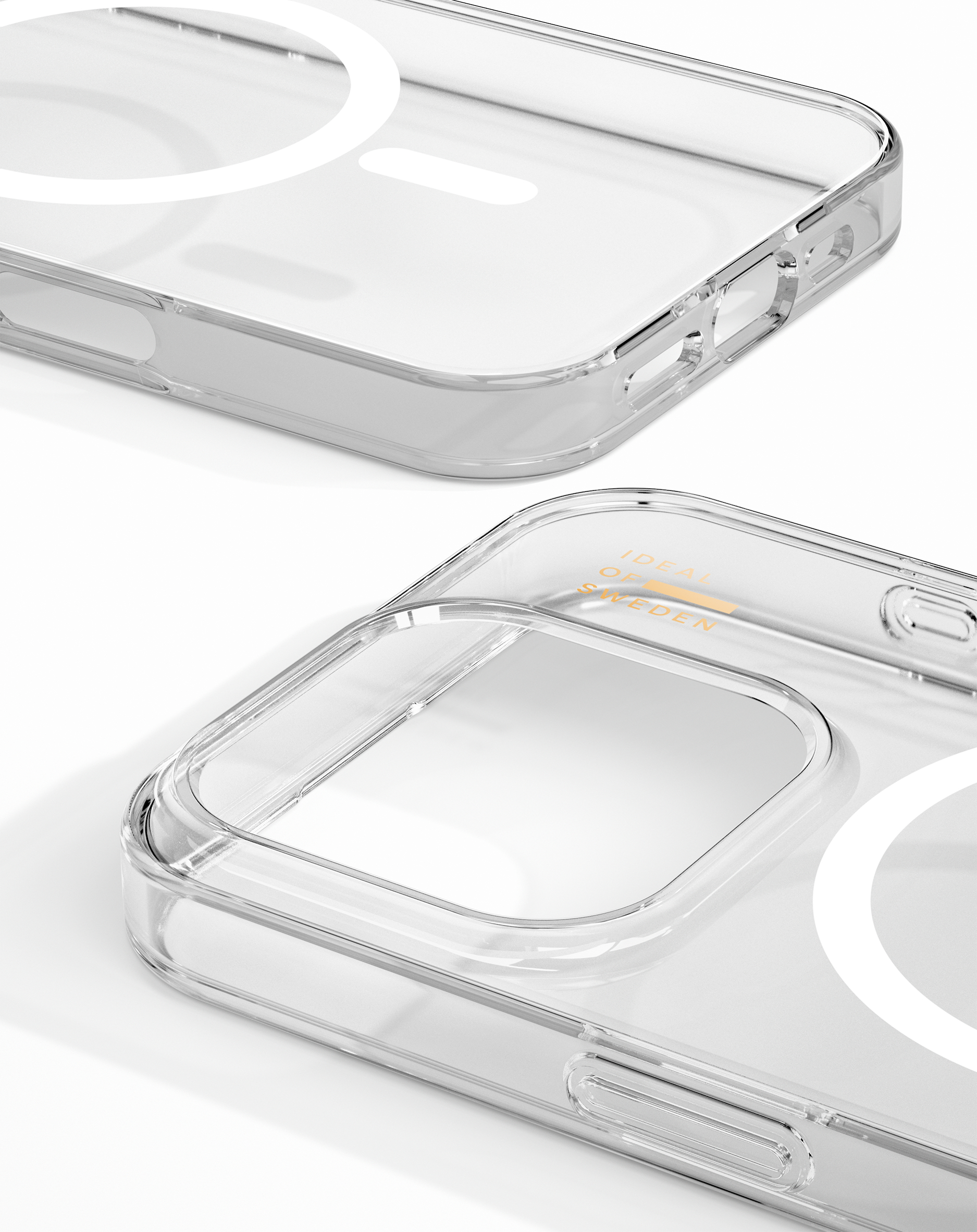 Transparente Handyhülle mit weißem MagSafe-Ring.