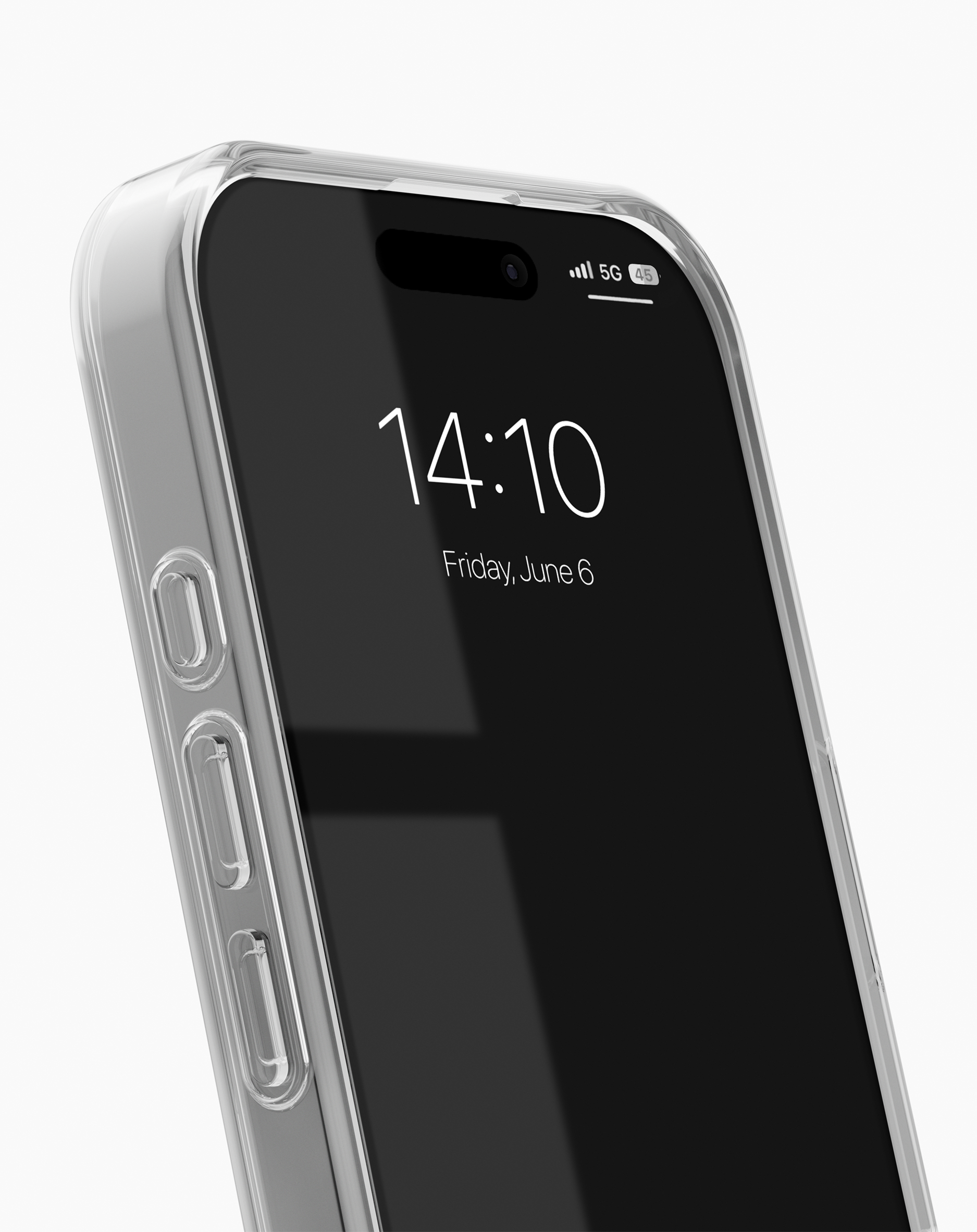 Smartphone mit klarer Hülle, zeigt 14:10 und Freitag, 6. Juni.