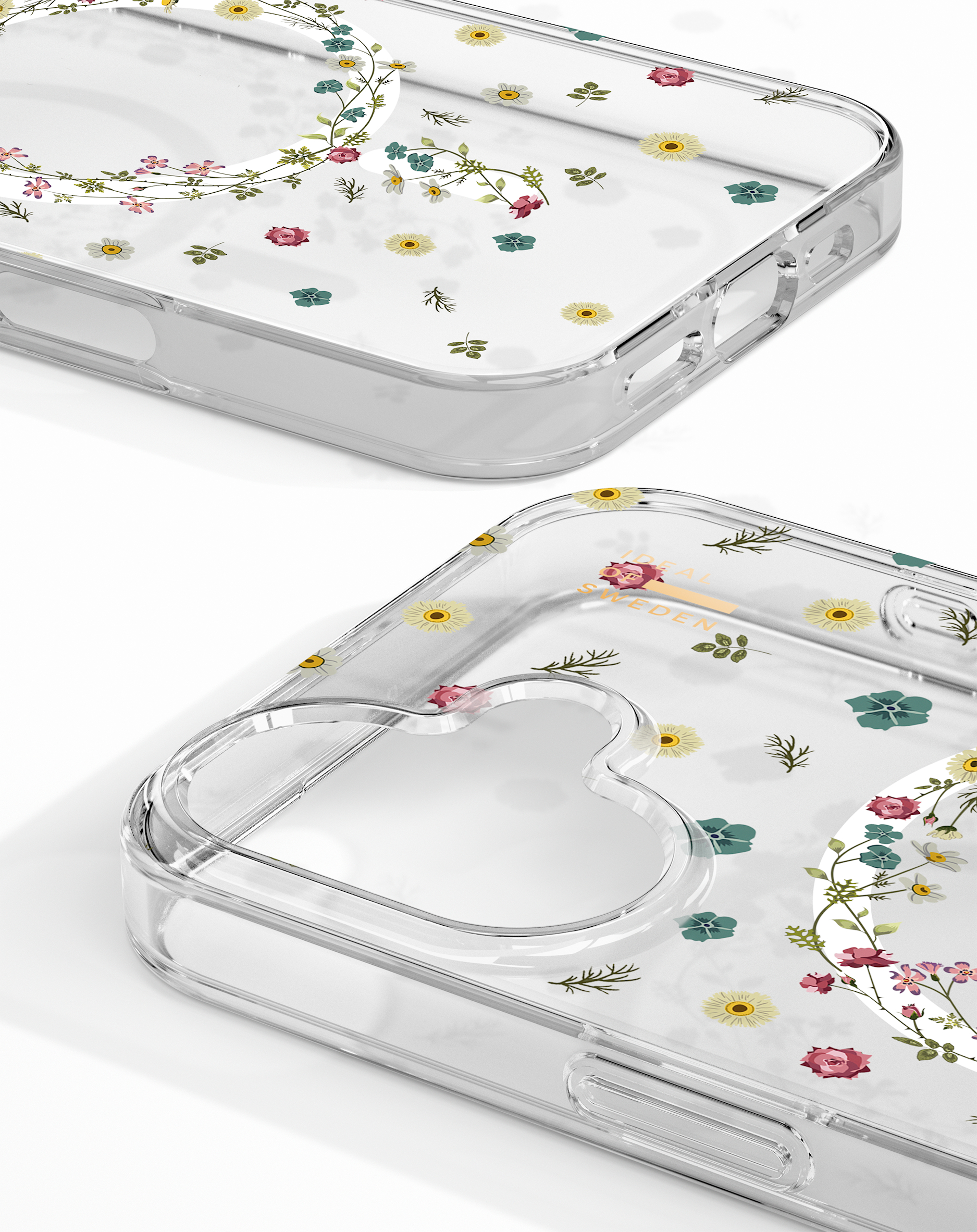Transparente Handyhülle mit floralem Design. Die Hülle hat eine herzförmige Aussparung und eine Kameraaussparung.