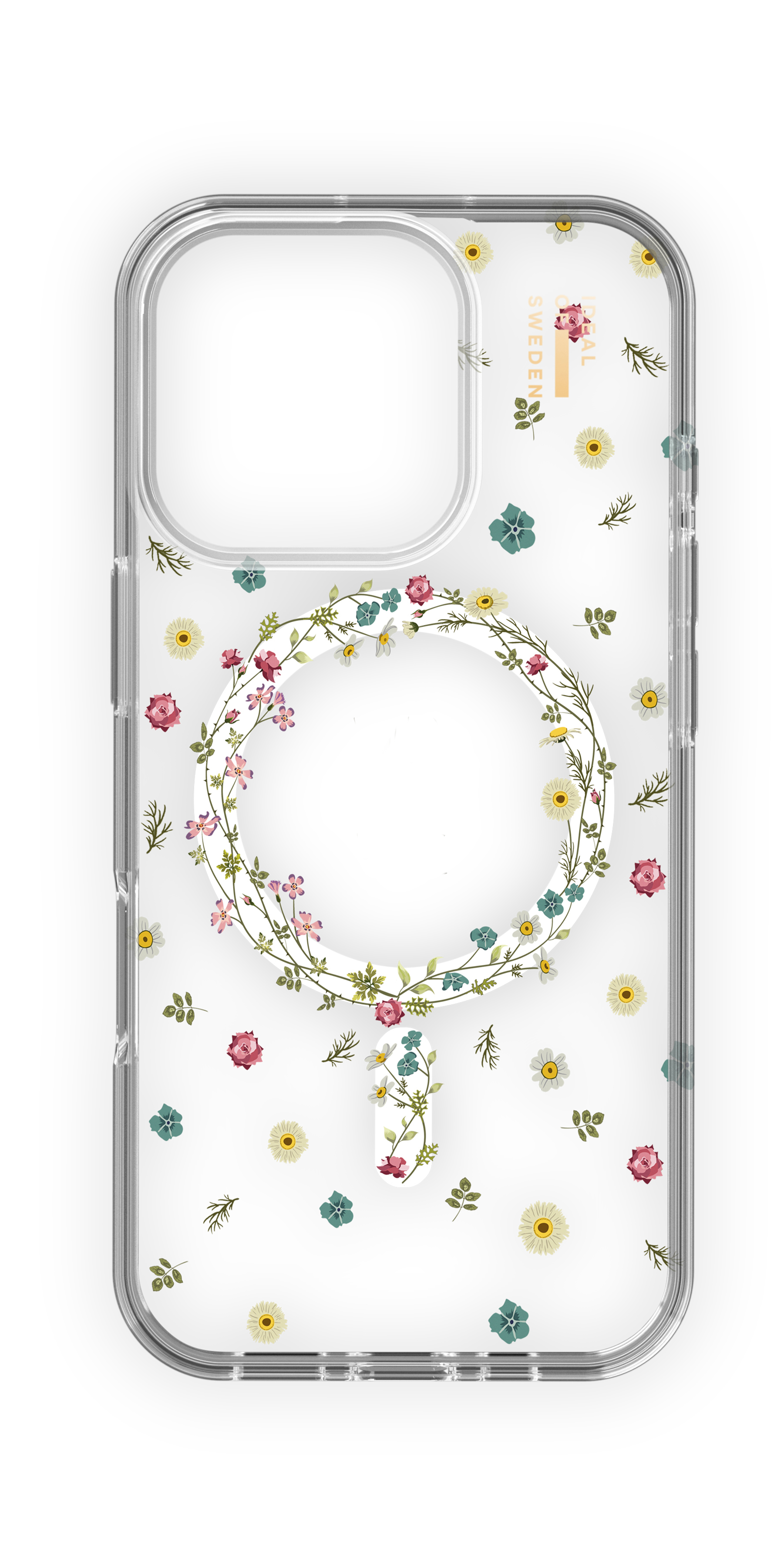 Transparente Handyhülle mit Blumenkranz um die Kamera. Verstreute Blumen und Blätter. Transparenter Hintergrund.