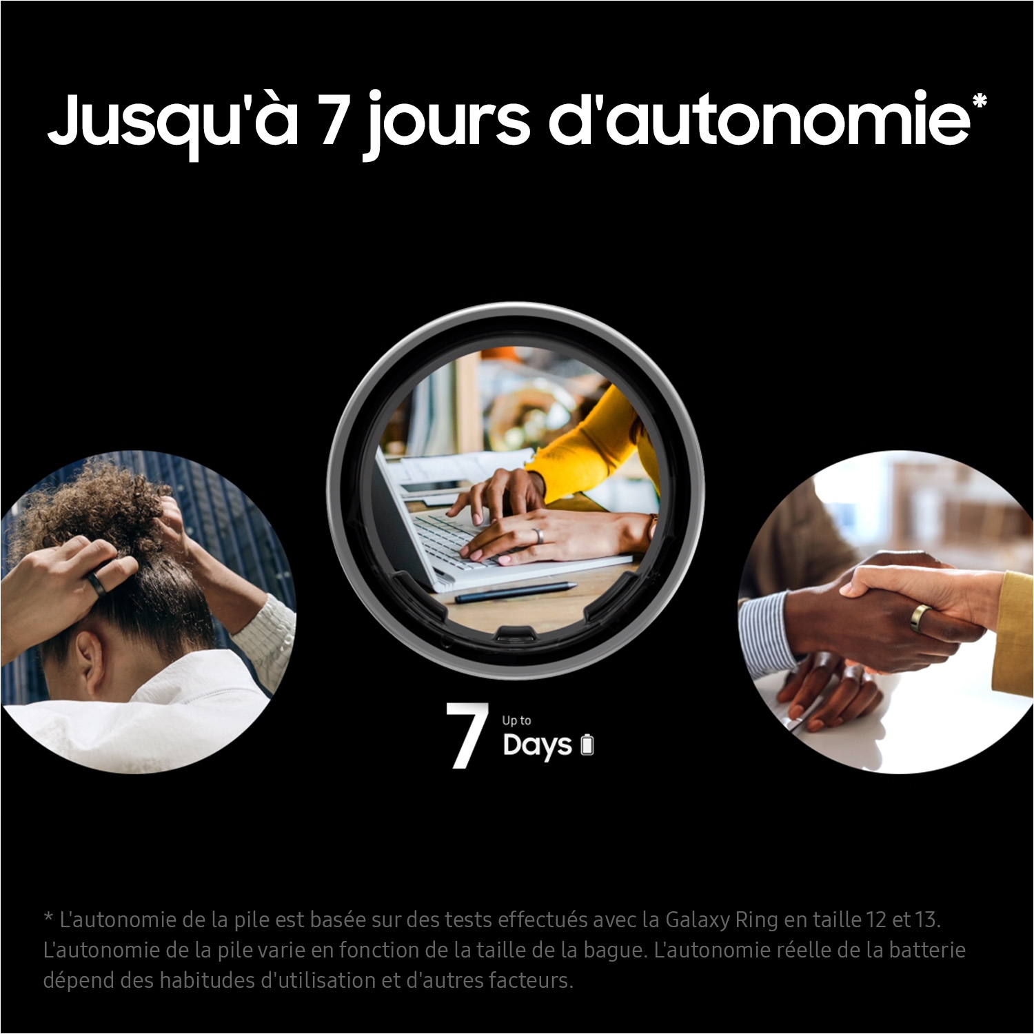 Image circulaire montrant une bague, des personnes et du texte sur l'autonomie de la batterie.