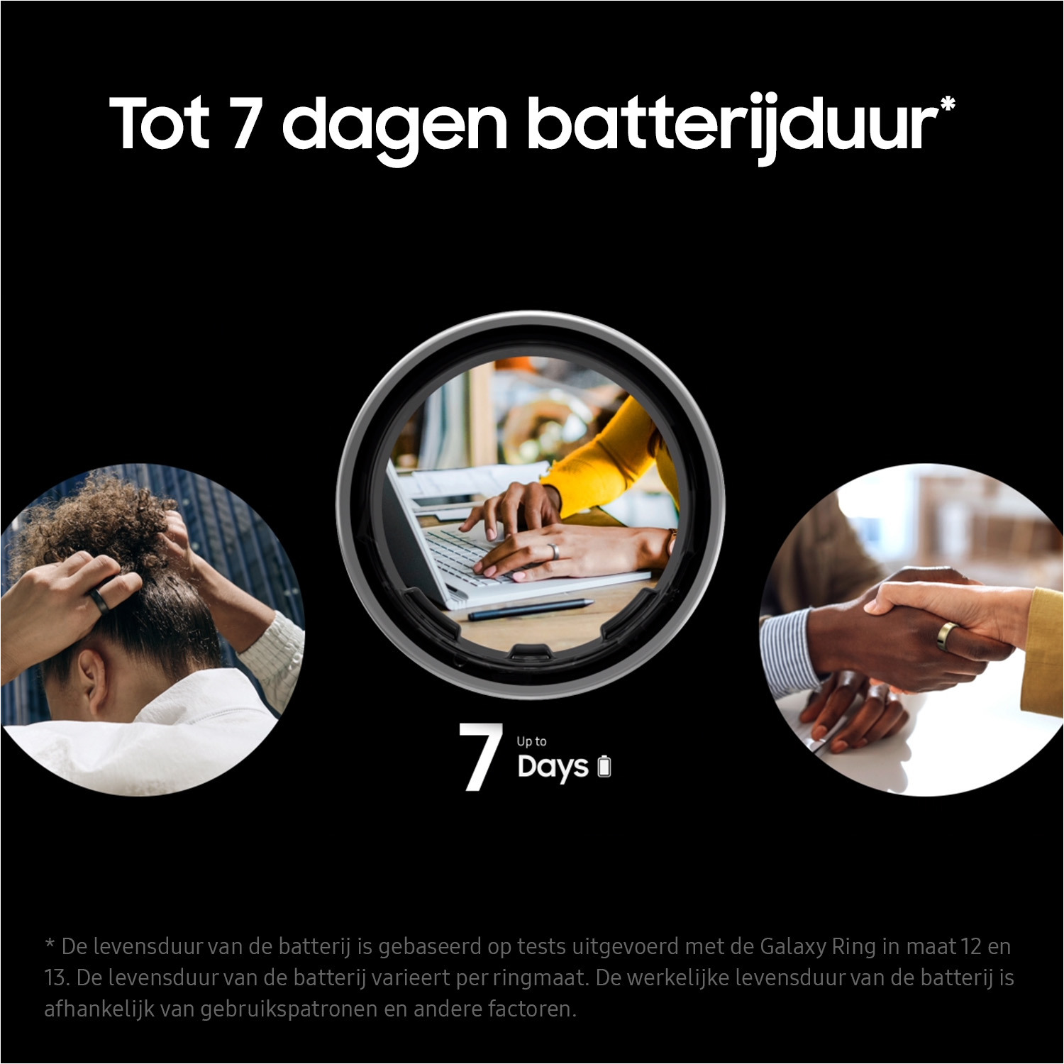Afbeelding toont Galaxy Ring concept met scènes van mensen die het gebruiken. Tekst: Tot 7 dagen batterijduur.