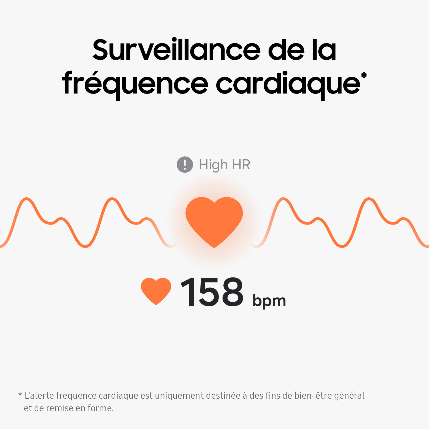 Diagramme montrant un moniteur de fréquence cardiaque avec 158 bpm, un signal d'avertissement et un symbole de cœur.