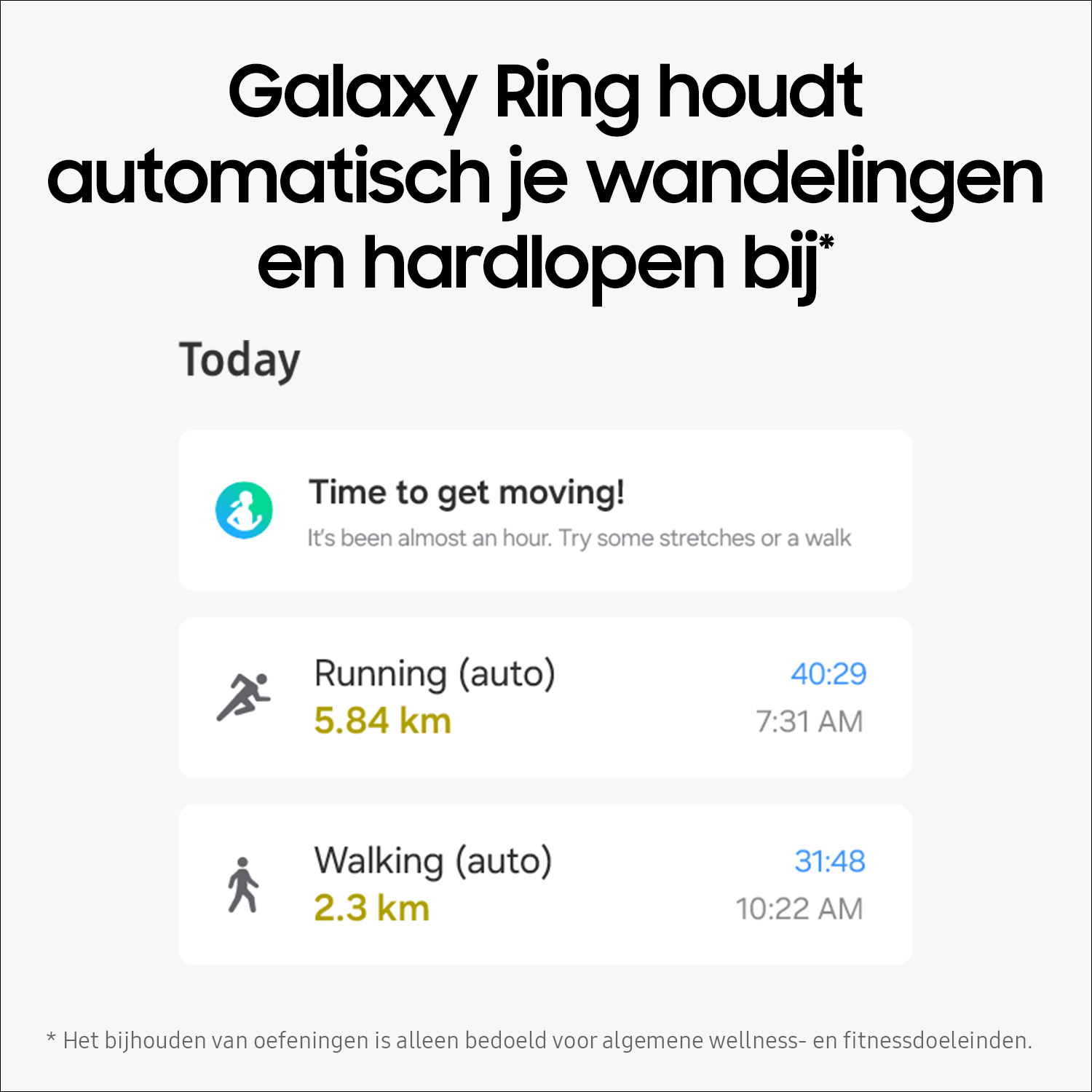 Een scherm toont gezondheidsgegevens: hardloop- en wandeltijden en -afstanden. Tekst: Galaxy Ring houdt je stappen bij.