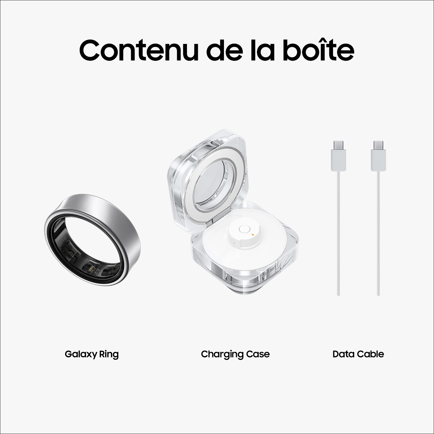 Contenu de la boîte: Galaxy Ring, étui de chargement et câble de données. Fond blanc, vue de dessus.