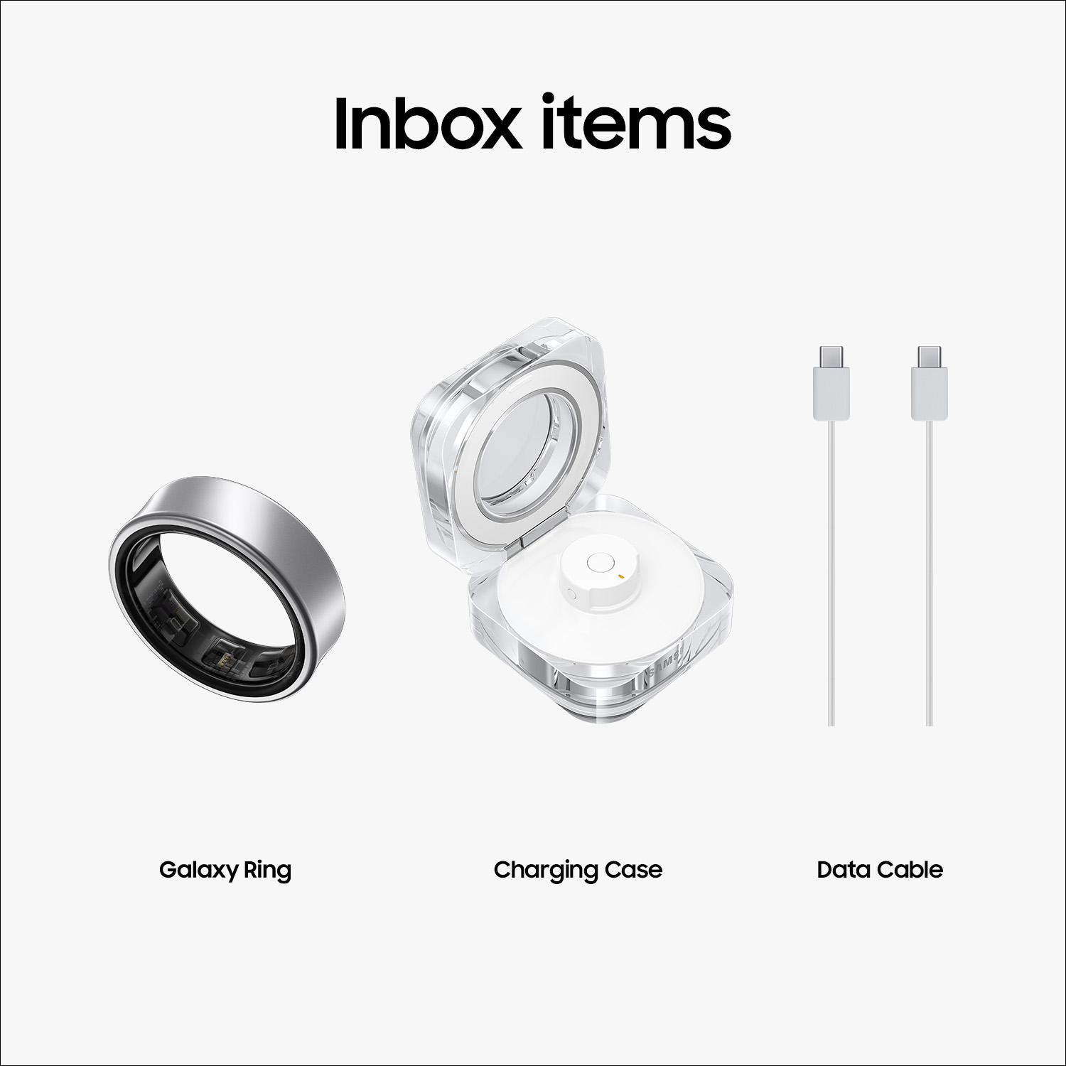 Afbeelding toont een Galaxy Ring, oplaadcase en datakabel, met tekst 'Inbox items'.
