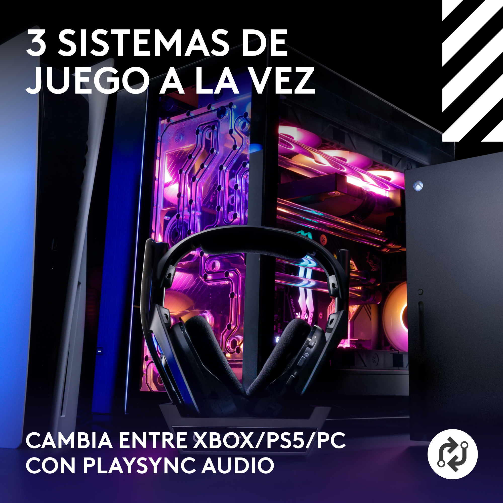 Configuración de juegos con computadora, auriculares y texto.