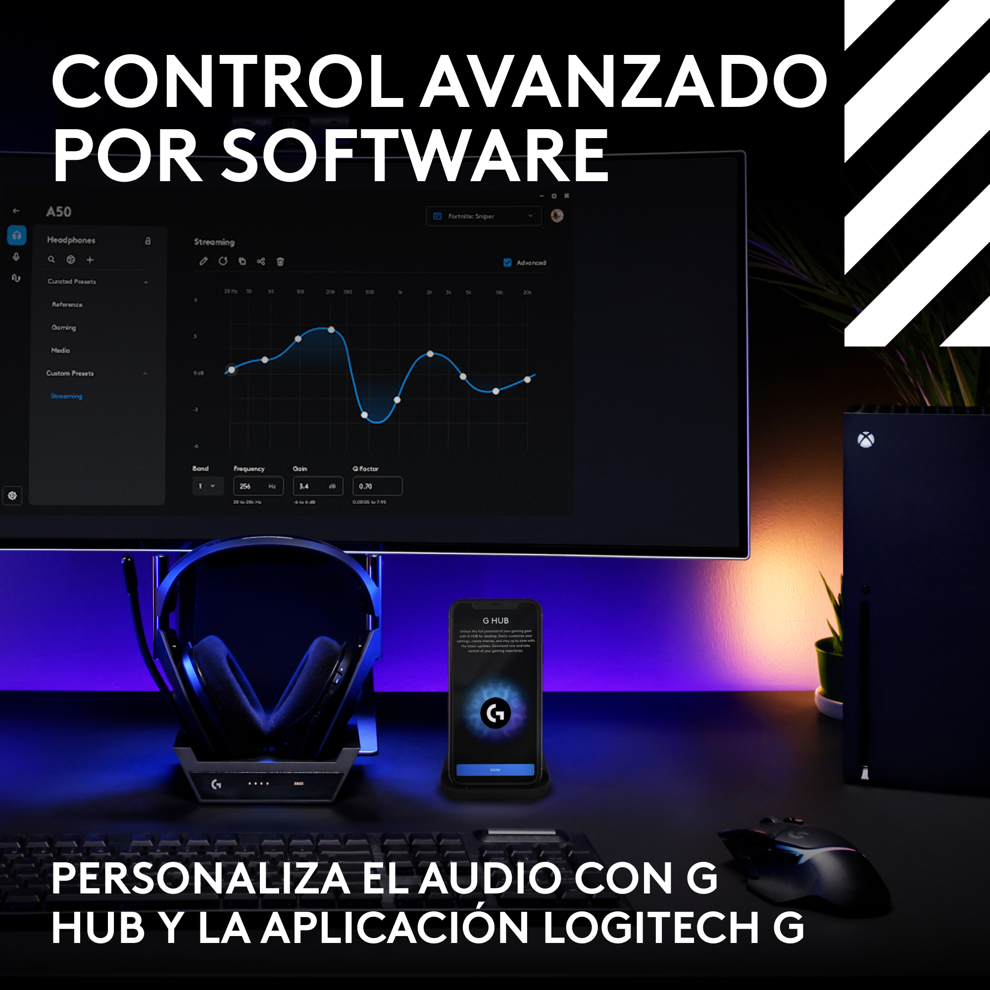 Auriculares y una base en un escritorio con un monitor que muestra un gráfico.