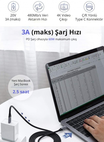 USB-C kablosuyla şarj edilen dizüstü bilgisayar, şarj hızı ve süresi hakkında metinle.