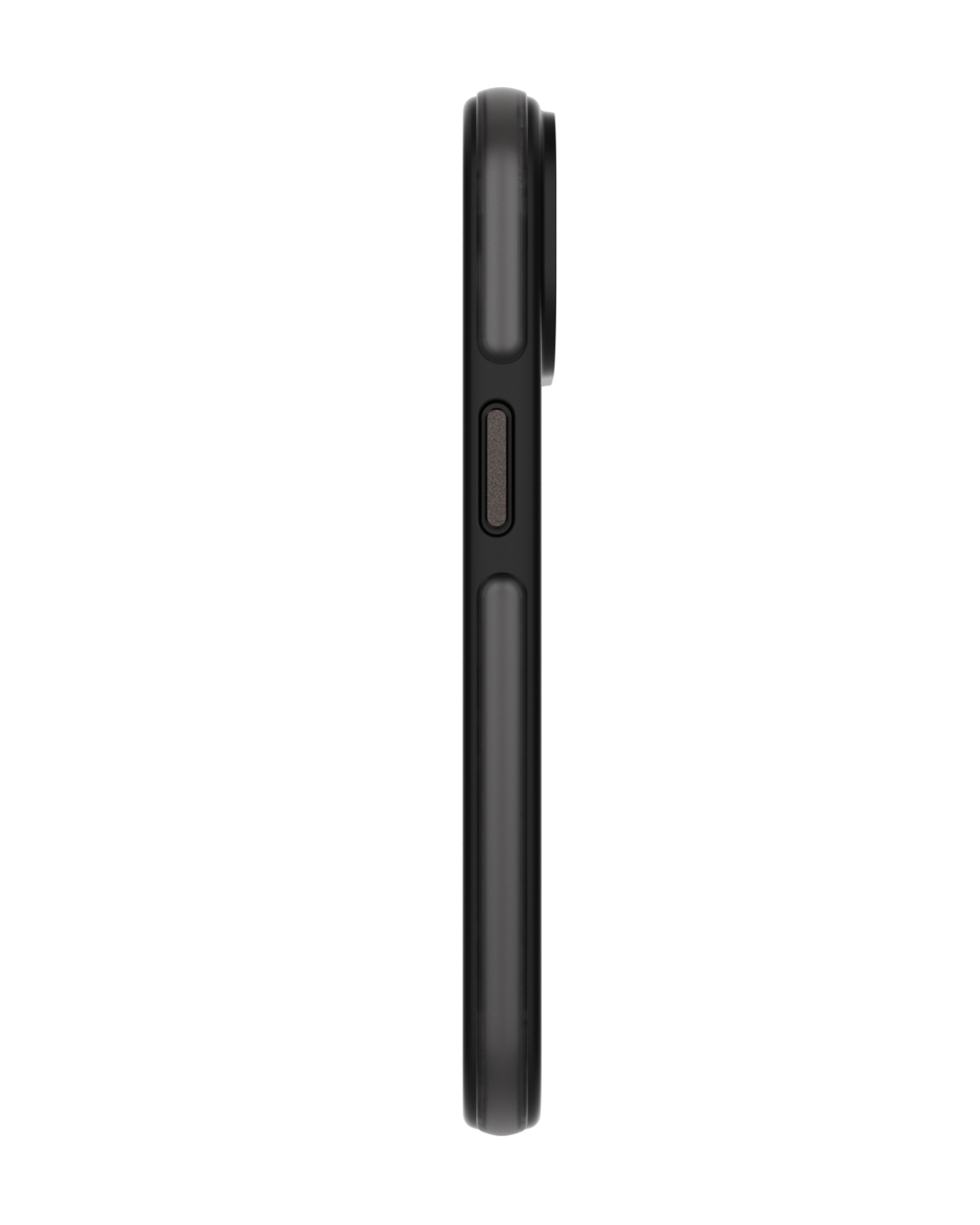 Seitenansicht einer schwarzen Smartphone-Hülle, die die Seitentasten und -kanten zeigt.
