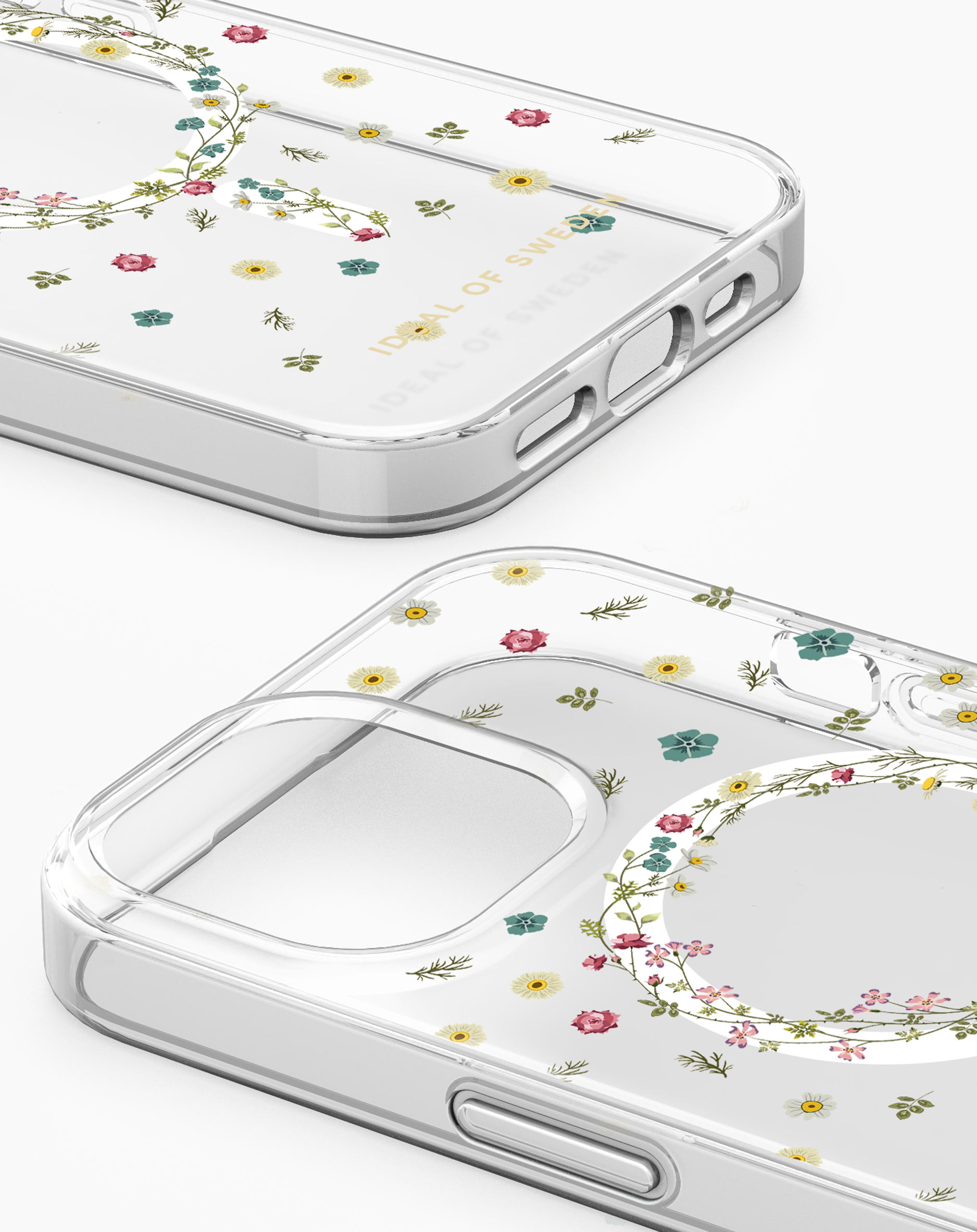 Zwei Handyhüllen: transparent mit floralem Design und schwarze strukturierte Hülle mit Muster.