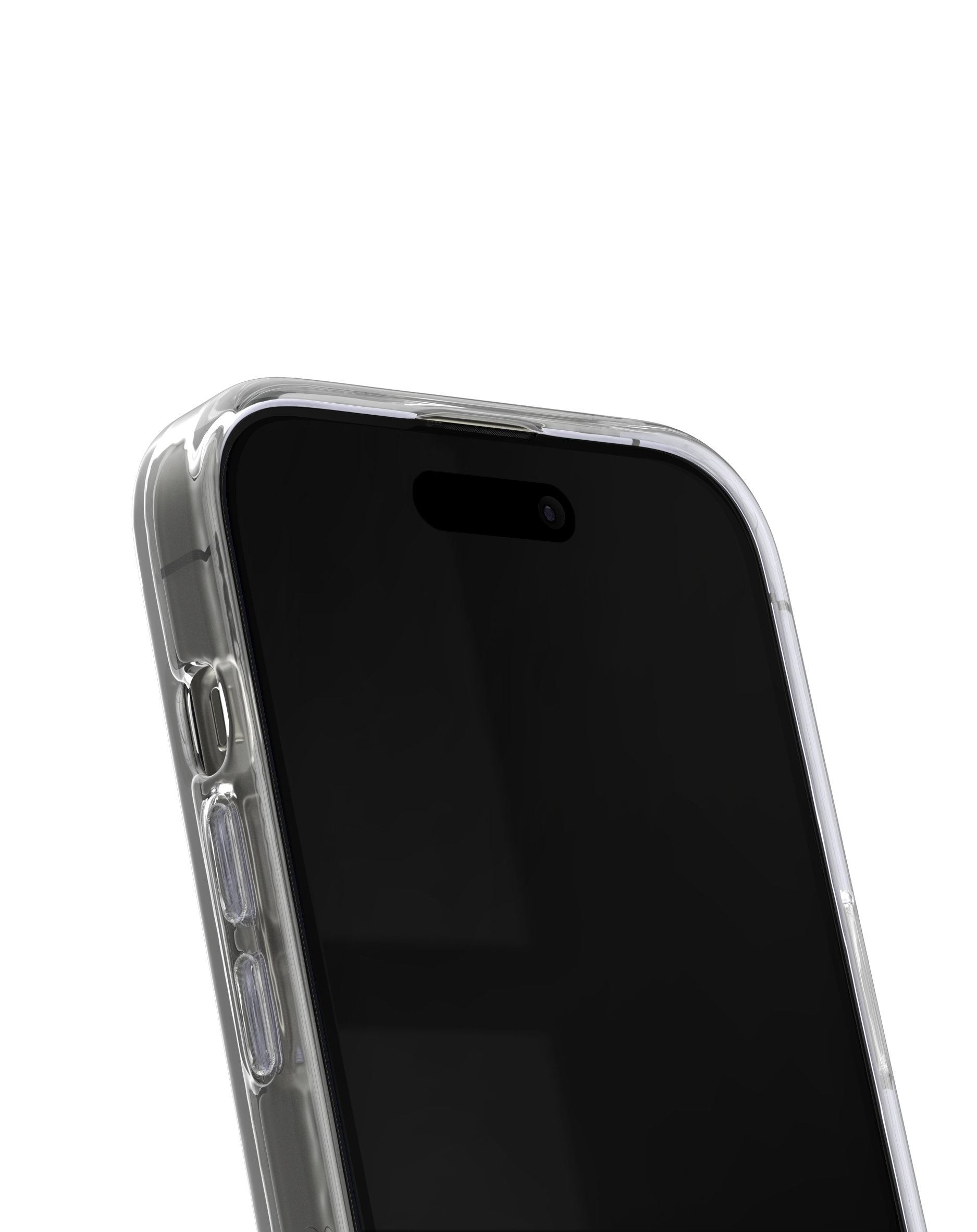 Eine durchsichtige Handyhülle auf einem schwarzen Smartphone, mit Kamera und Seitentasten.