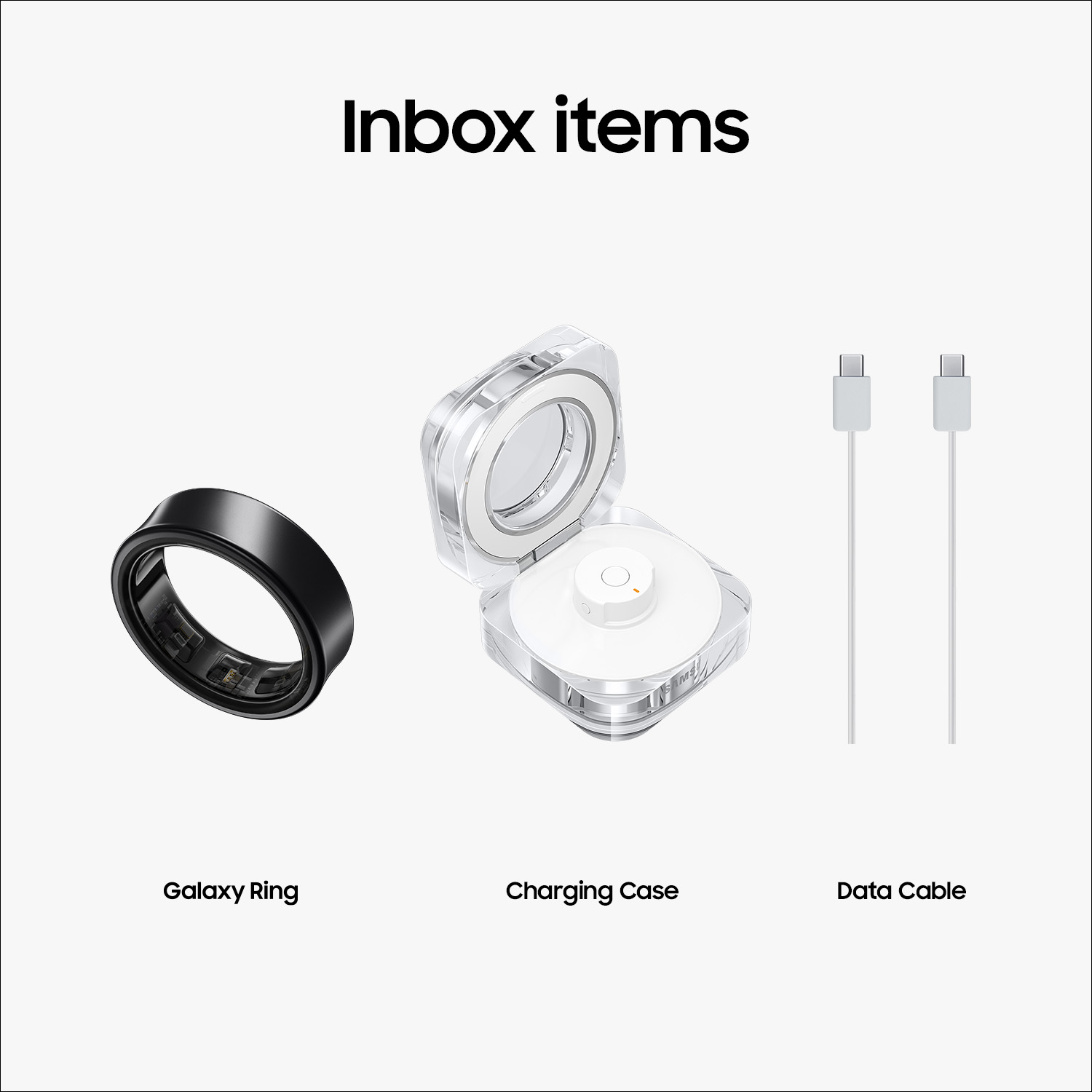 Galaxy Ring, charging case, and data cable.
