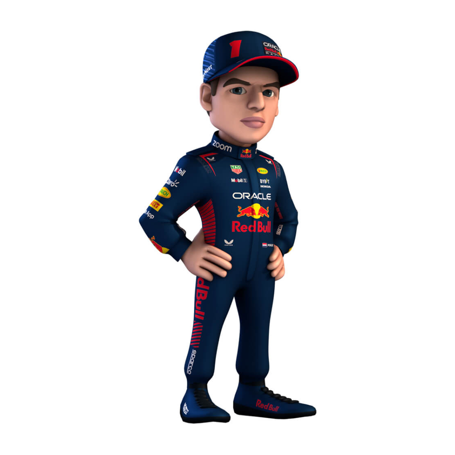 Cartone animato di un pilota Red Bull con cappellino, in piedi, mani sui fianchi, sfondo bianco.