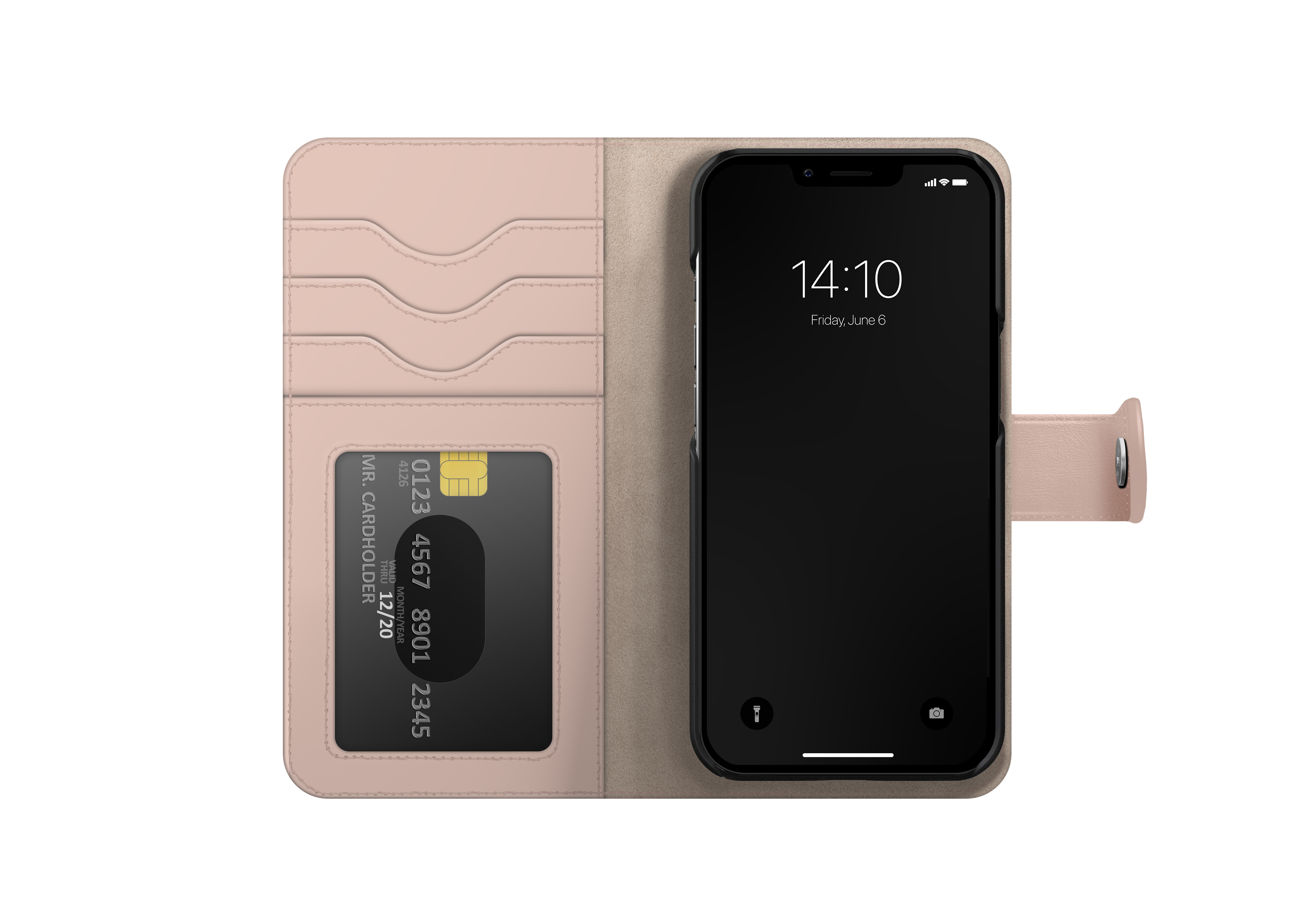 Telefon in einer Brieftaschen-Hülle mit Kartenfächern, auf weißem Hintergrund.