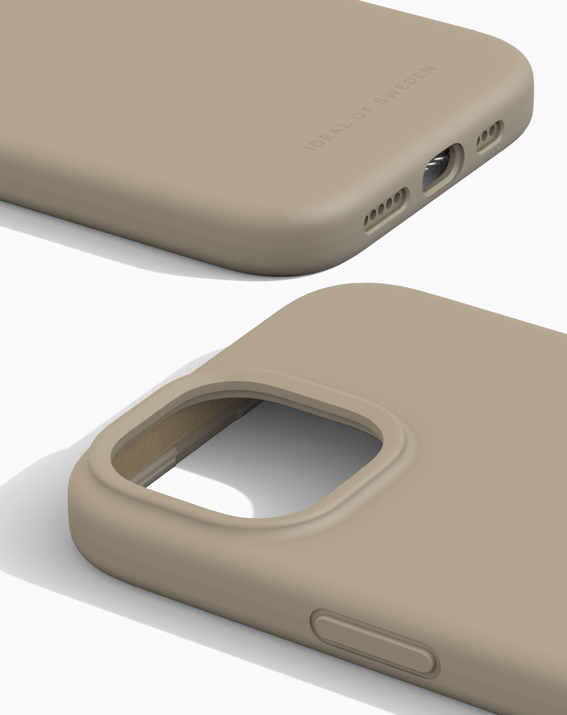 Zwei Handyhüllen, Draufsicht. Beide sind beige und tragen das Ideal of Sweden Logo, zeigen Design und Qualität.